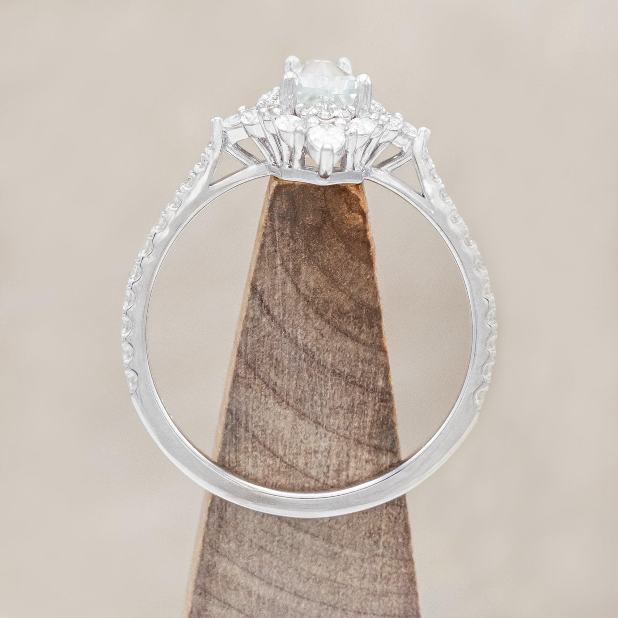 "NORTH STAR" - DAGGER CUT MOISSANITE ENGAGEMENT RING WITH DIAMOND HALO & ACCENTS-Staghead Designs