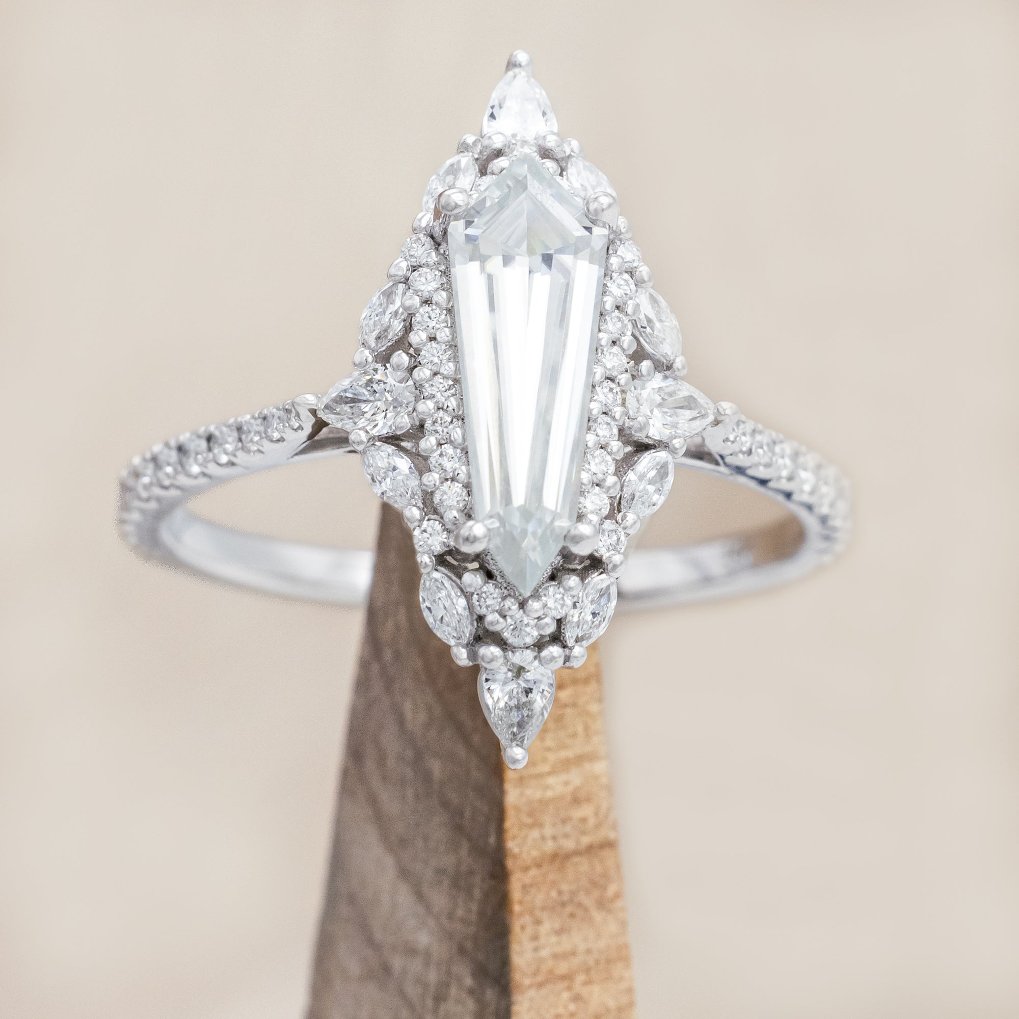 "NORTH STAR" - DAGGER CUT MOISSANITE ENGAGEMENT RING WITH DIAMOND HALO & ACCENTS-Staghead Designs
