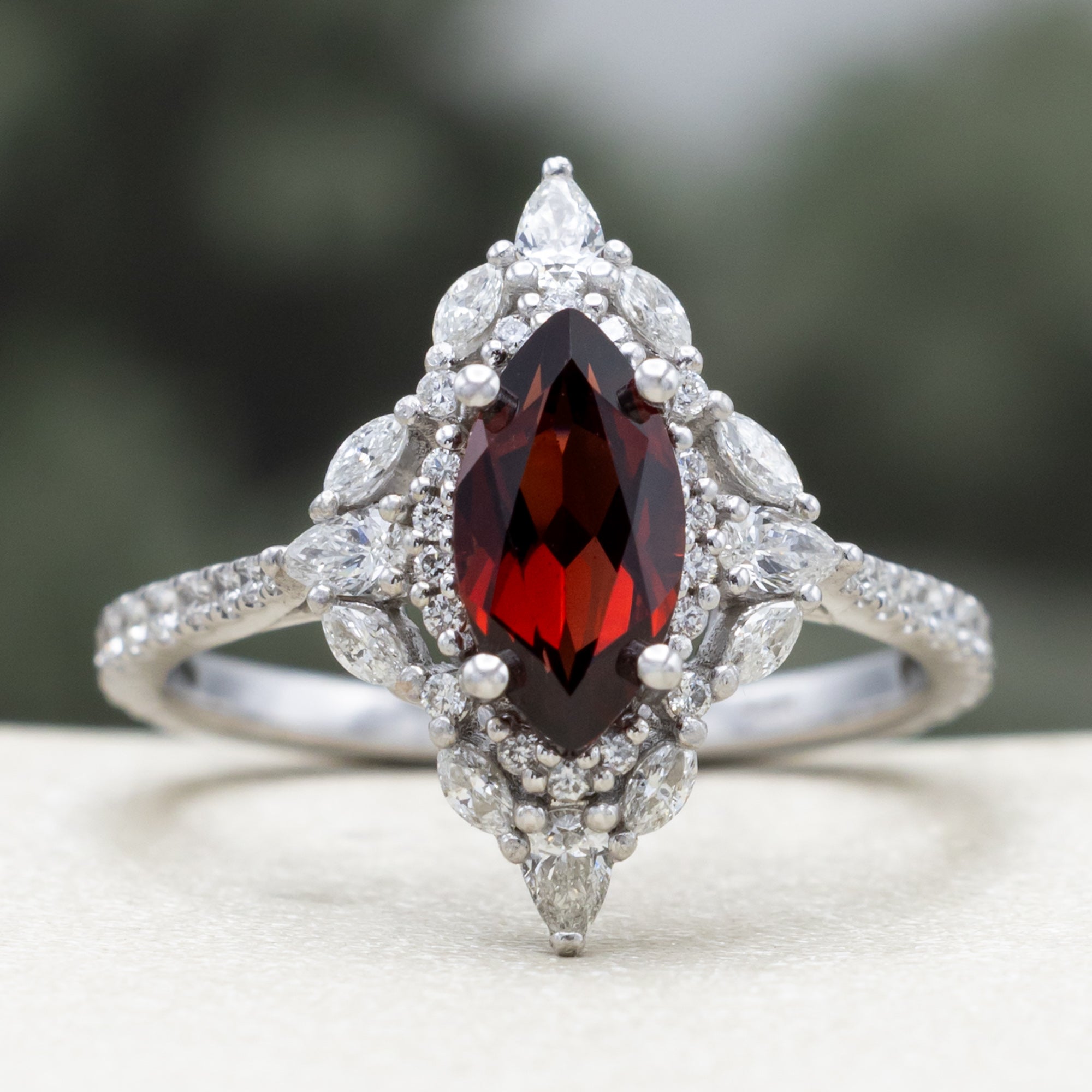"North Star" - Marquise Cut Garnet Engagement Ring With Diamond Halo & Accents-Staghead Designs