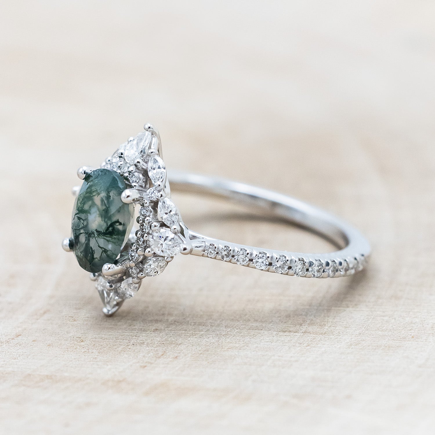 "North Star" - Oval Cut Moss Agate Engagement Ring With A Diamond Tracer-Staghead Designs