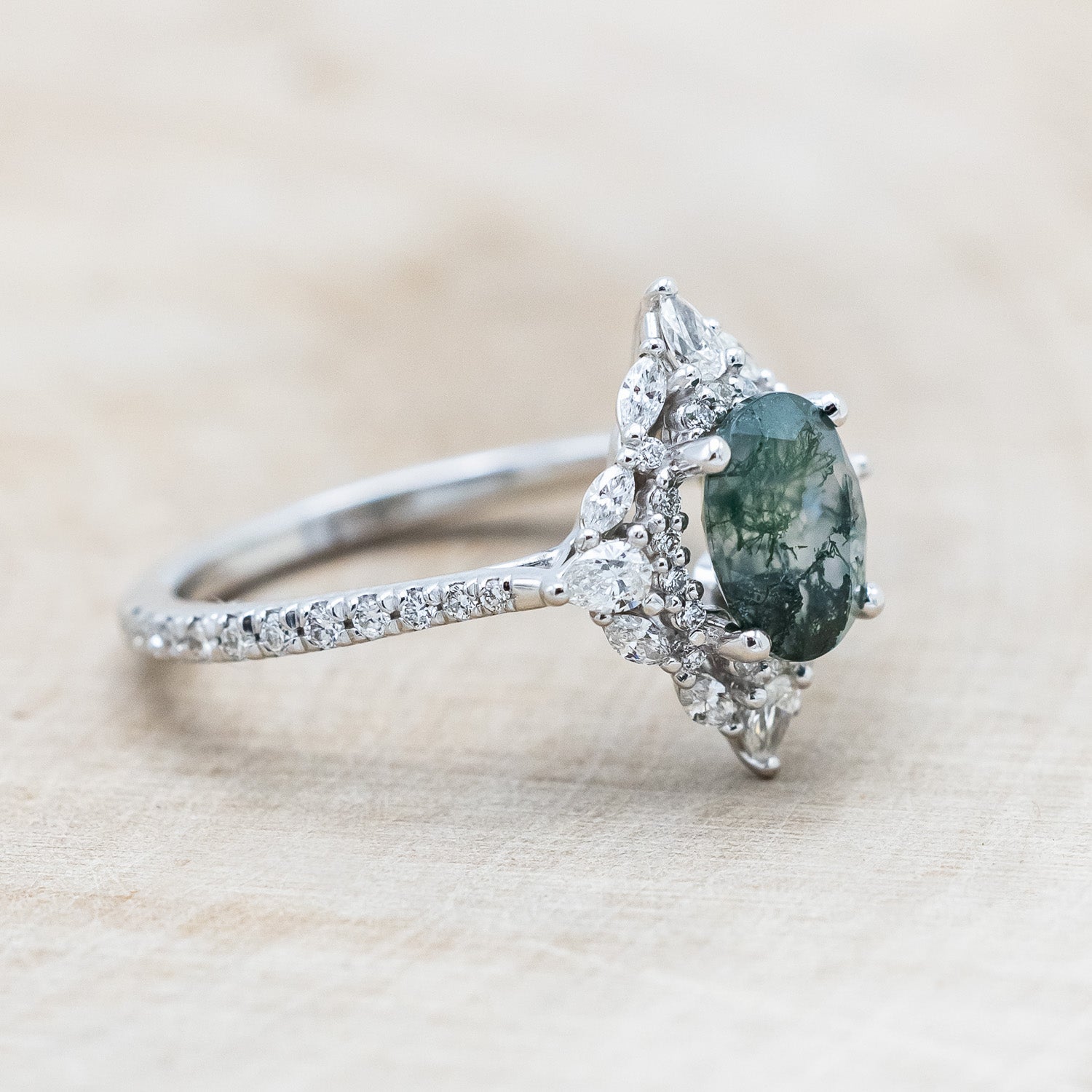 "North Star" - Oval Cut Moss Agate Engagement Ring With A Diamond Tracer-Staghead Designs