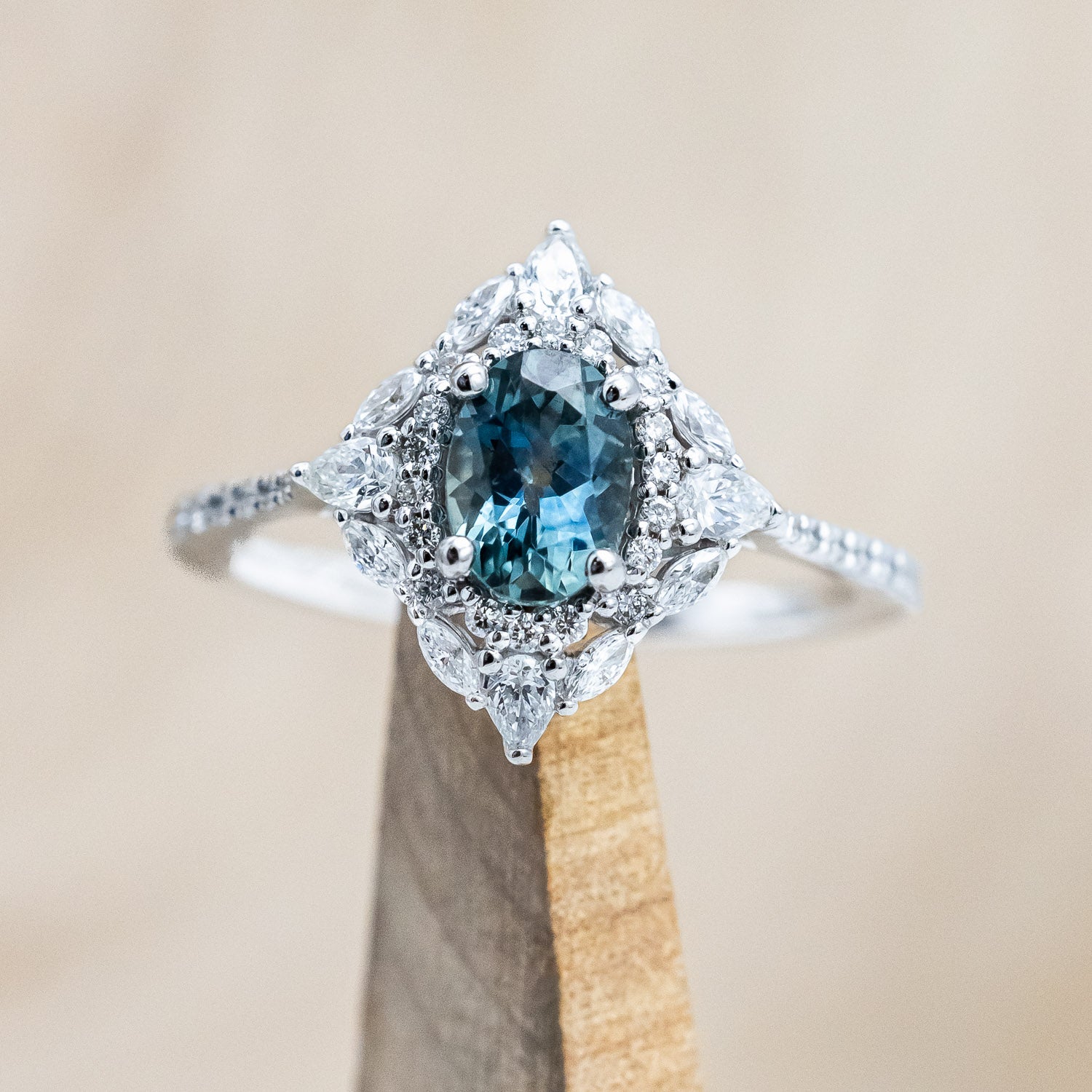 "NORTH STAR" - OVAL CUT MONTANA SAPPHIRE ENGAGEMENT RING WITH DIAMOND HALO & ACCENTS-Staghead Designs