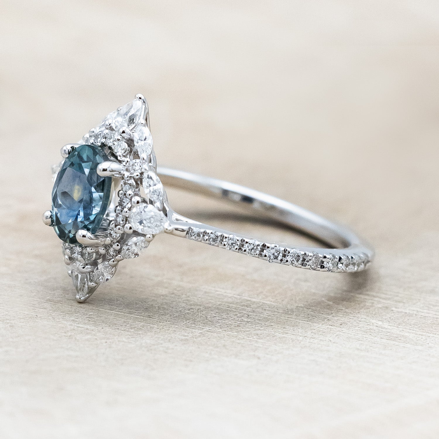"NORTH STAR" - OVAL CUT MONTANA SAPPHIRE ENGAGEMENT RING WITH DIAMOND HALO & ACCENTS-Staghead Designs