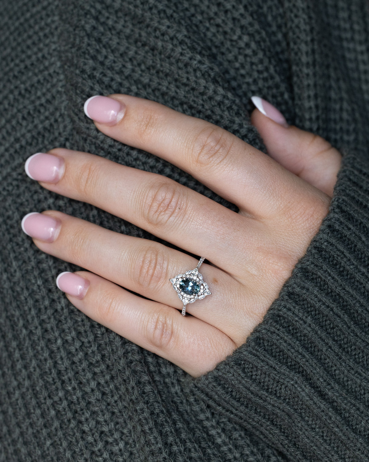 "NORTH STAR" - OVAL CUT MONTANA SAPPHIRE ENGAGEMENT RING WITH DIAMOND HALO & ACCENTS-Staghead Designs