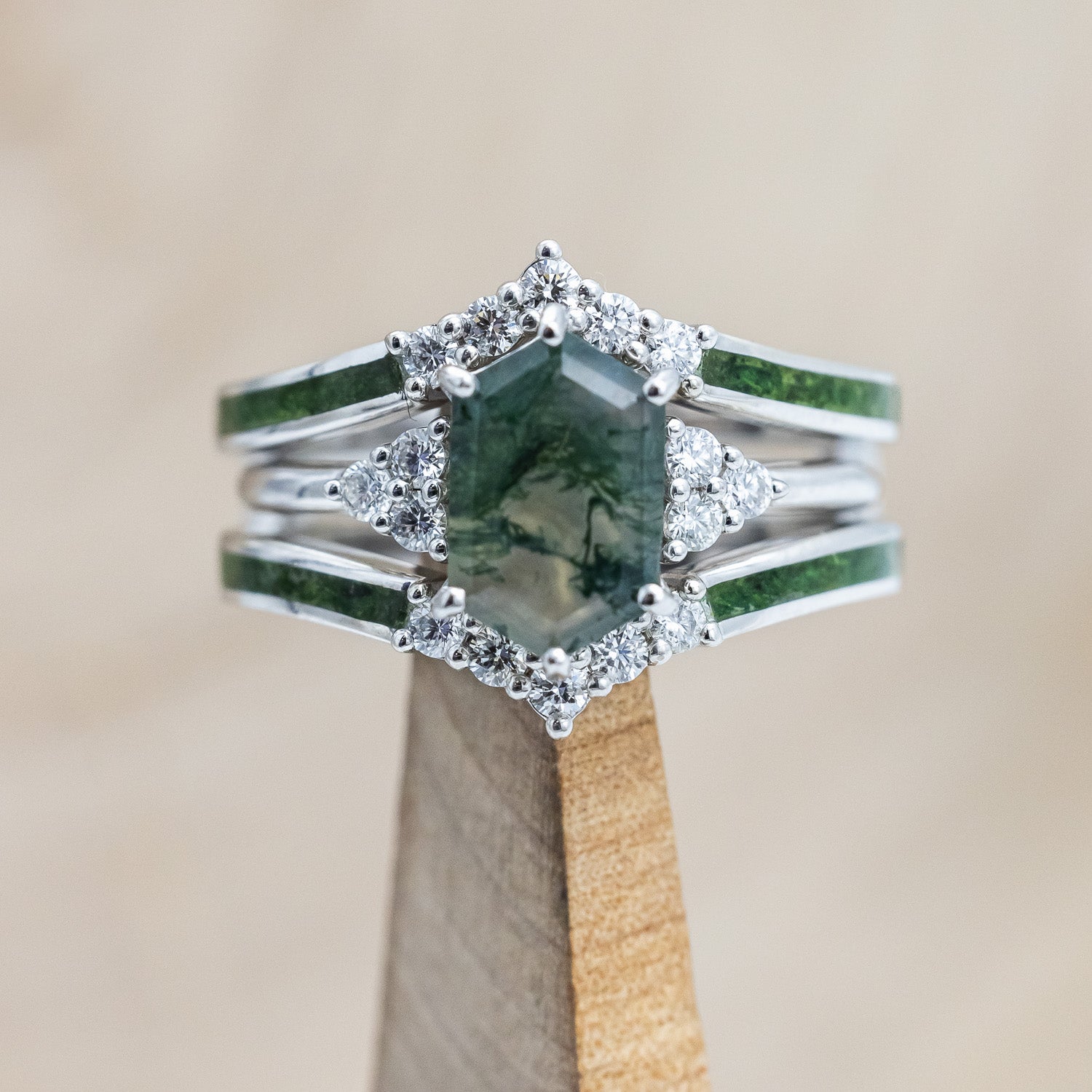 "OCTAVIA" - ELONGATED HEXAGON CUT MOSS AGATE ENGAGEMENT RING WITH DIAMOND ACCENTS & RING GUARD-Staghead Designs