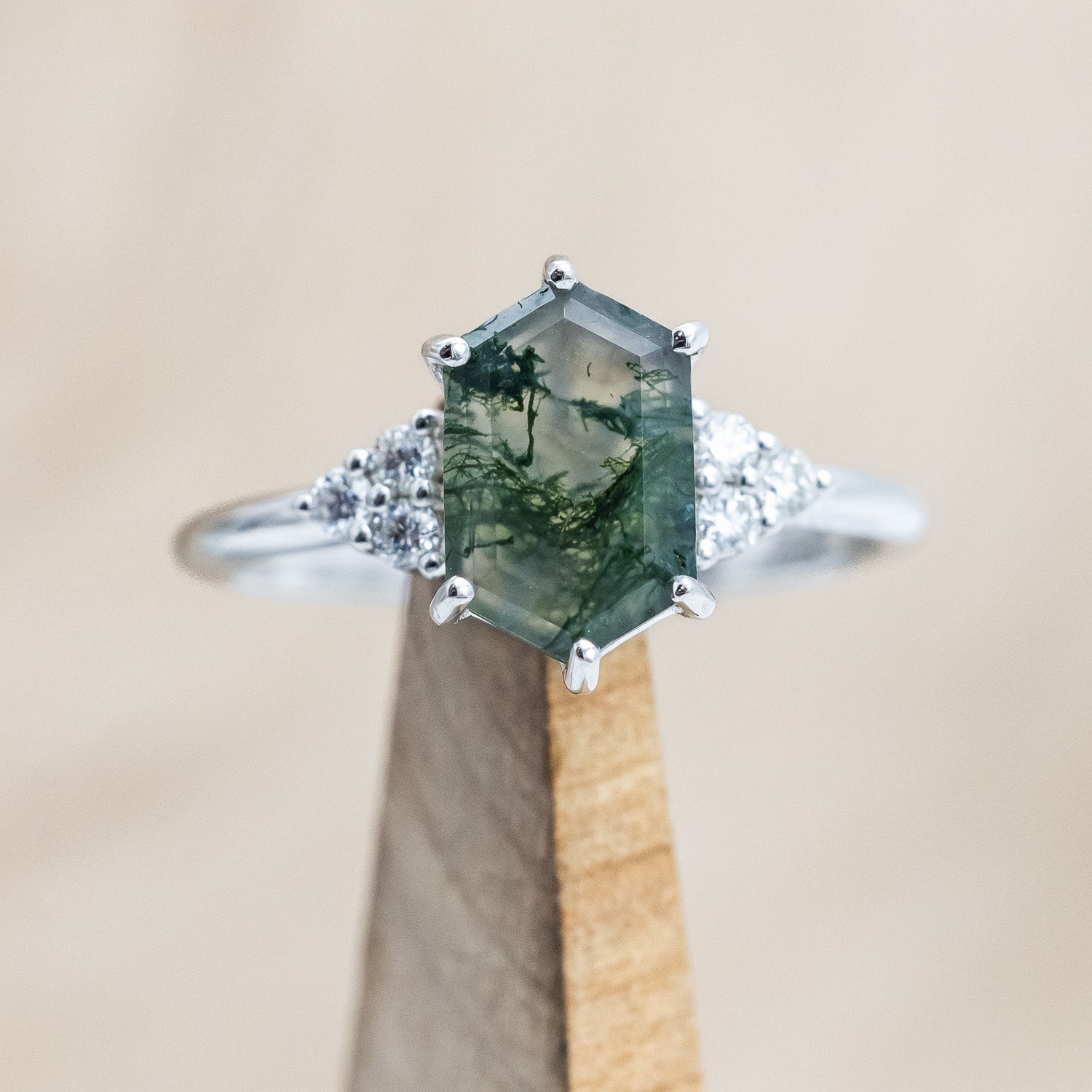 "OCTAVIA" - ELONGATED HEXAGON CUT MOSS AGATE ENGAGEMENT RING WITH DIAMOND ACCENTS & RING GUARD-Staghead Designs
