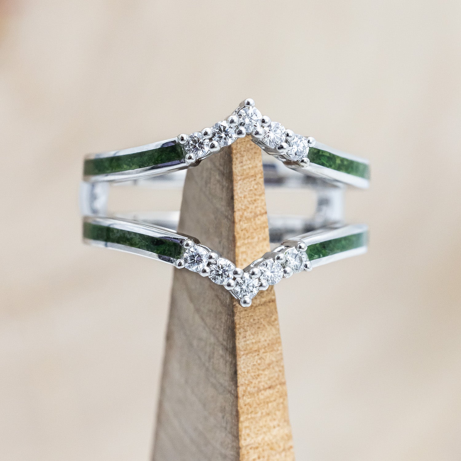 "OCTAVIA" - ELONGATED HEXAGON CUT MOSS AGATE ENGAGEMENT RING WITH DIAMOND ACCENTS & RING GUARD-Staghead Designs