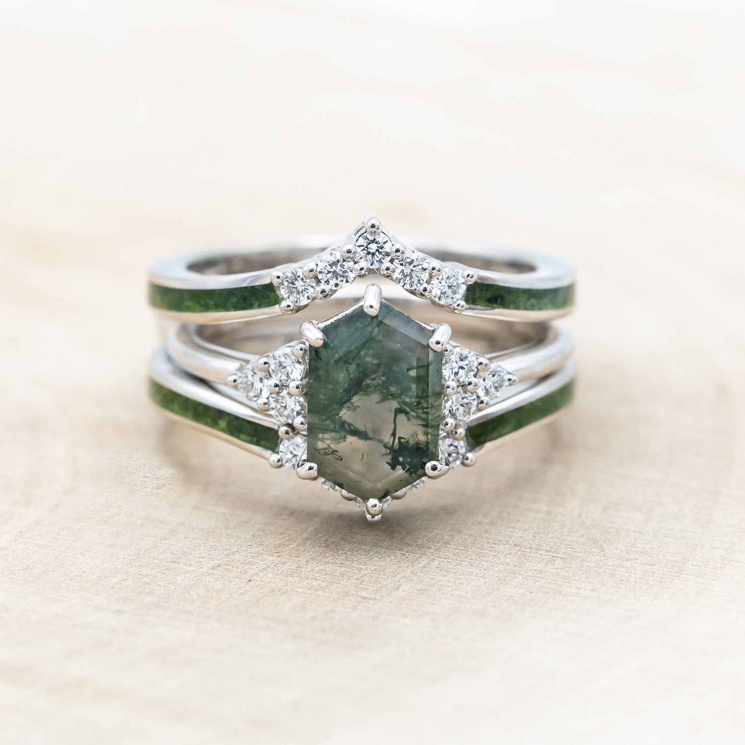"OCTAVIA" - ELONGATED HEXAGON CUT MOSS AGATE ENGAGEMENT RING WITH DIAMOND ACCENTS & RING GUARD-Staghead Designs