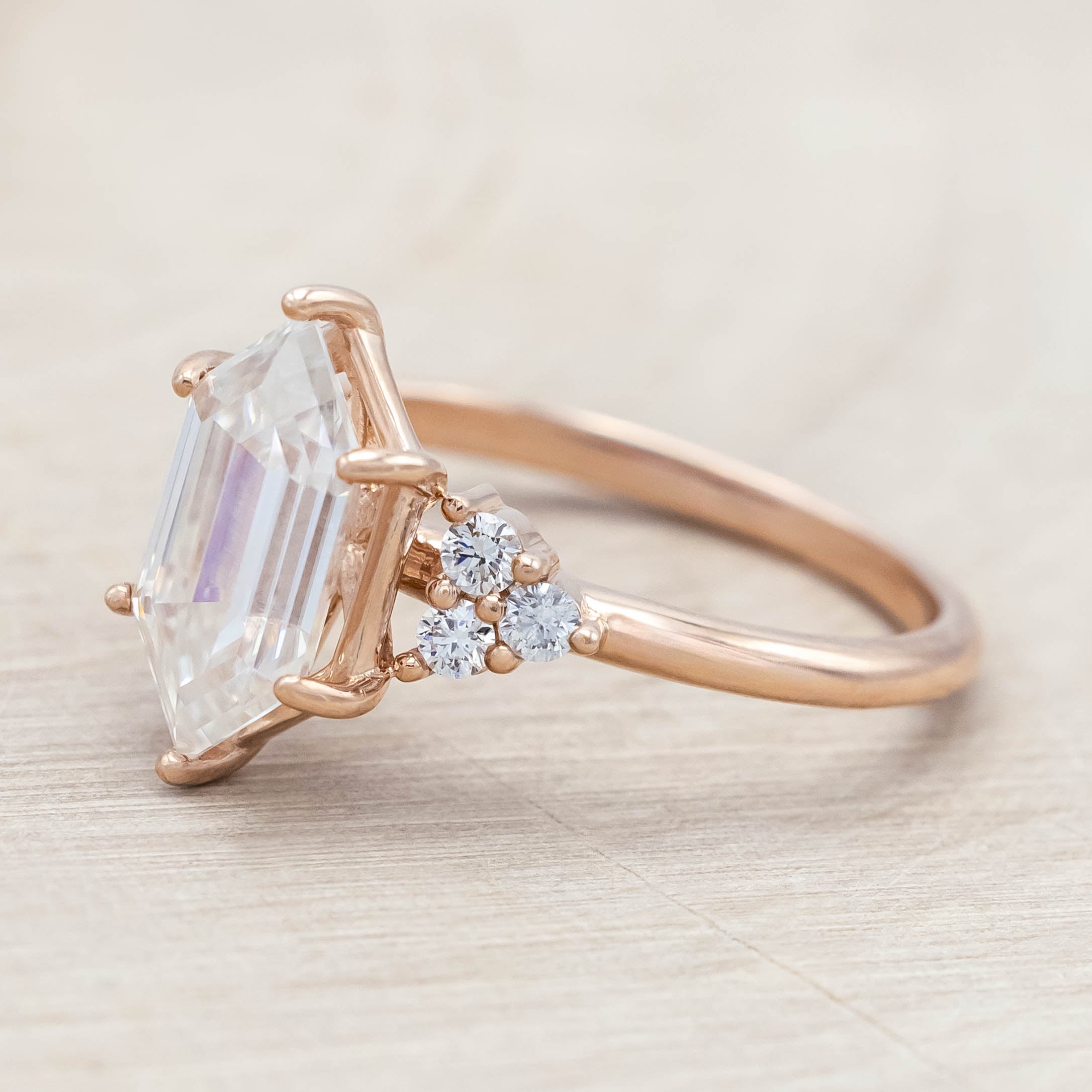 "OCTAVIA" - ELONGATED HEXAGON CUT ENGAGEMENT RING WITH DIAMOND ACCENTS-Staghead Designs