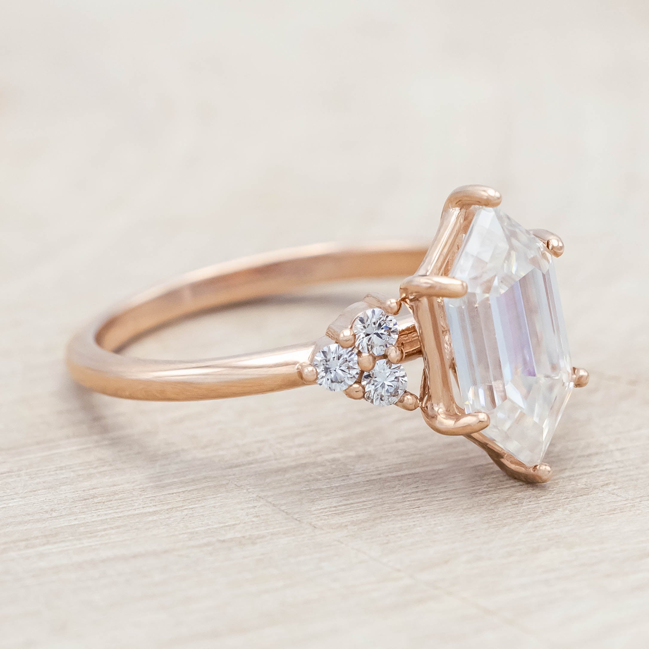 "OCTAVIA" - ELONGATED HEXAGON CUT ENGAGEMENT RING WITH DIAMOND ACCENTS-Staghead Designs