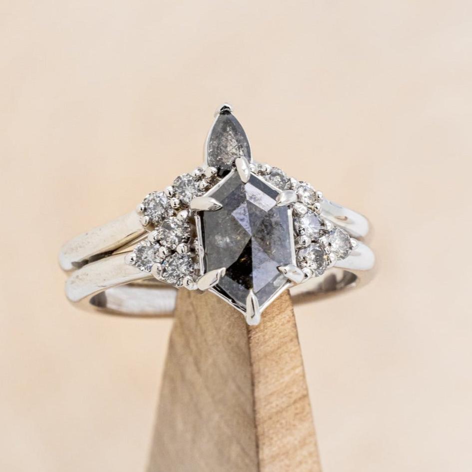 "OCTAVIA" - ELONGATED HEXAGON SALT & PEPPER DIAMOND ENGAGEMENT RING SET & TRACER-1