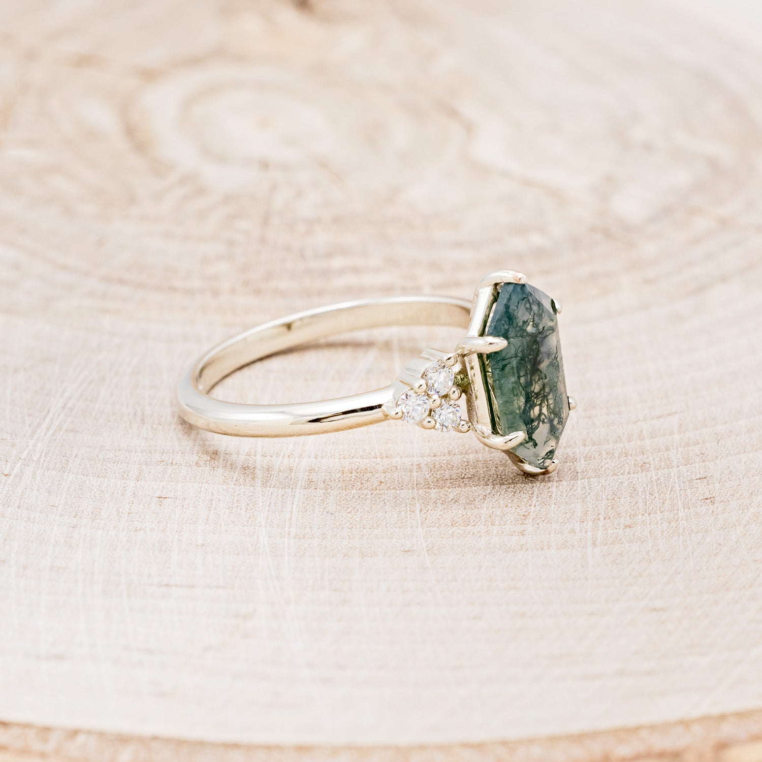 MATCHING SET OF "OCTAVIA" MOSS AGATE & TRACER WITH "DYAD" ANTLER & MOSS WEDDING RINGS-12