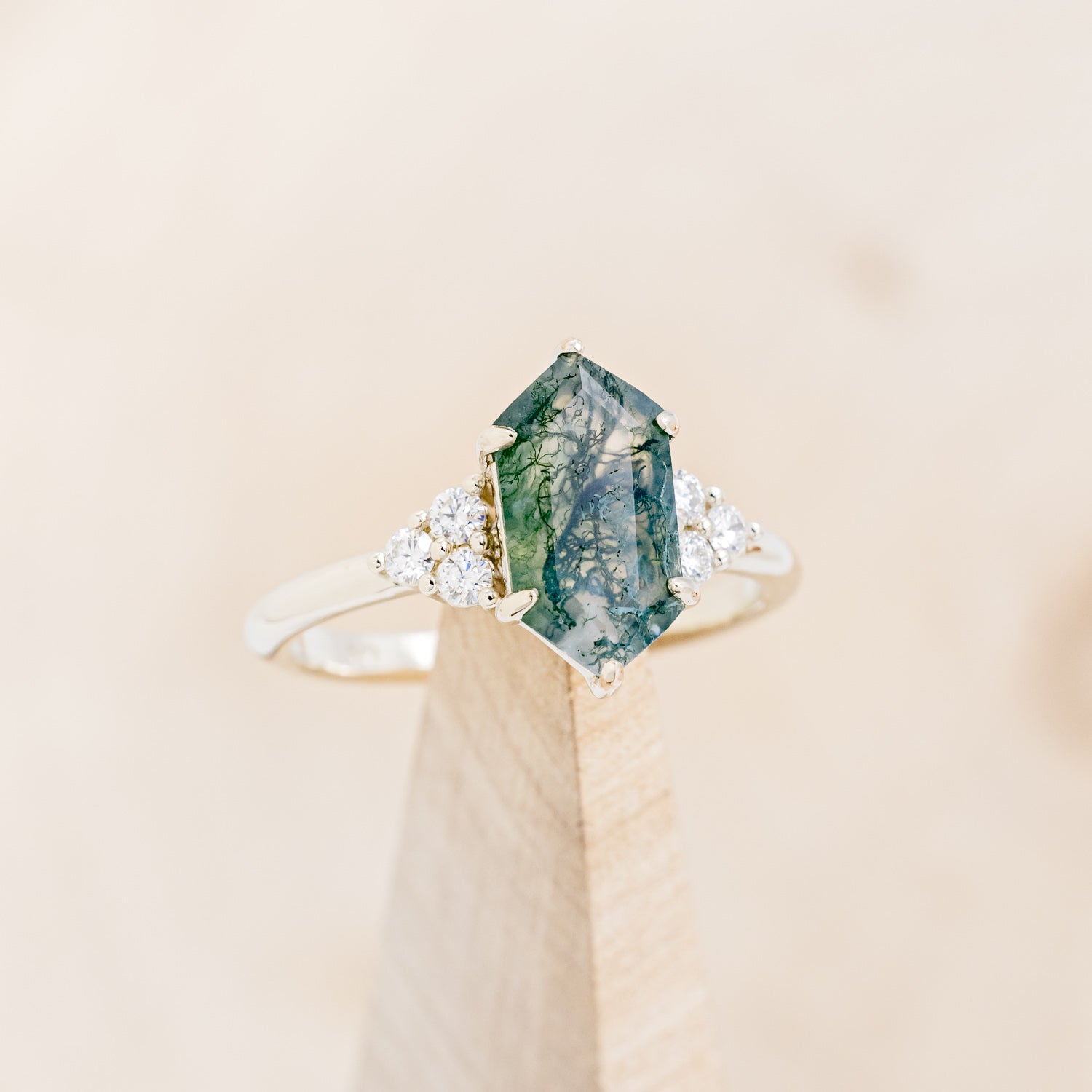 MATCHING SET OF "OCTAVIA" MOSS AGATE & TRACER WITH "DYAD" ANTLER & MOSS WEDDING RINGS-11