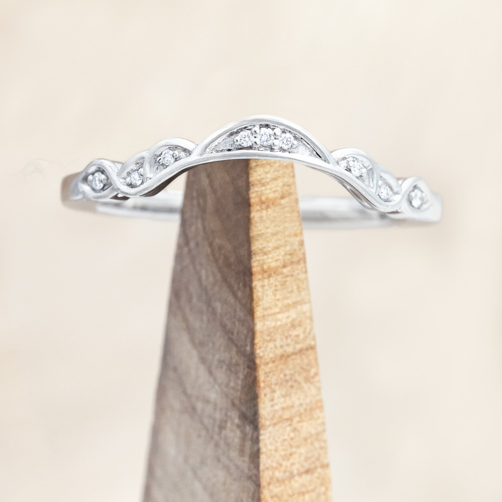 14K white gold ring with diamond accents on a wooden stand