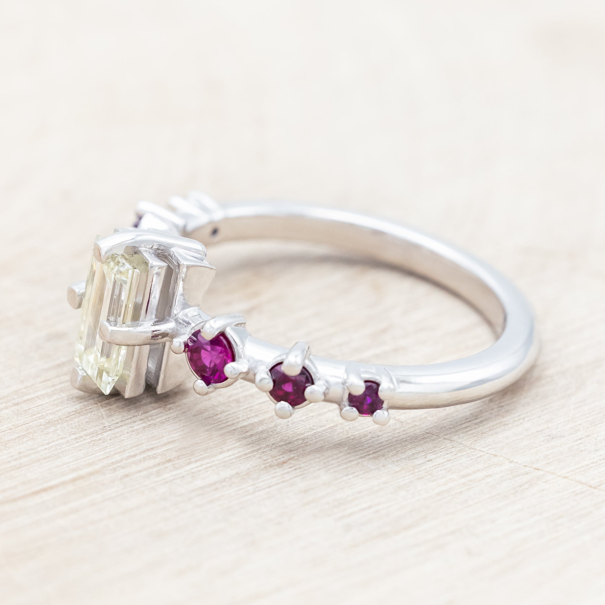 ONE-OF-A-KIND - "ISADORA" - BAGUETTE CUT CHAMPAGNE DIAMOND ENGAGEMENT RING WITH LAB-GROWN RUBY ACCENTS-Staghead Designs