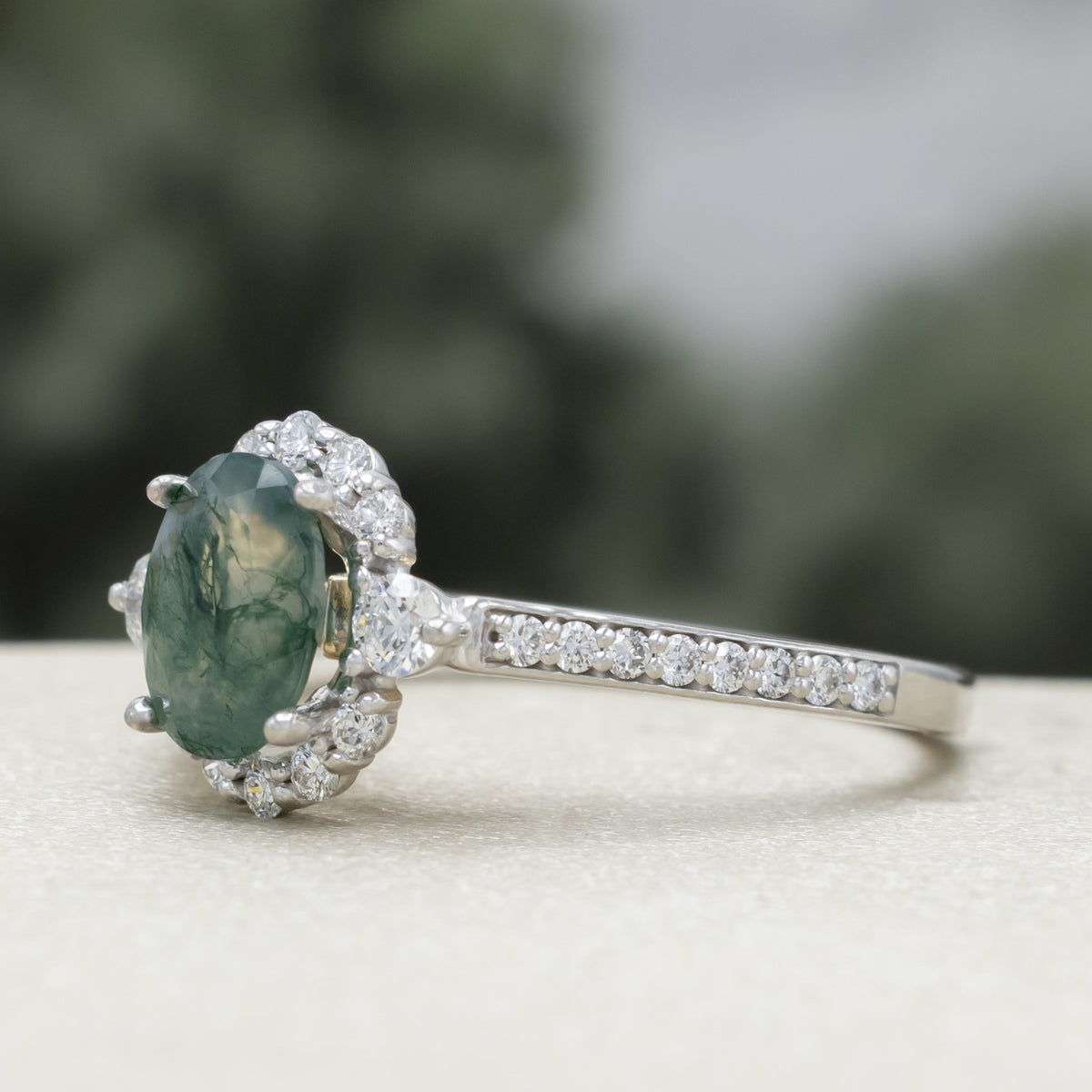 "Ophelia" - Oval Cut Moss Agate Engagement Ring With Diamond Halo & Accents-Staghead Designs
