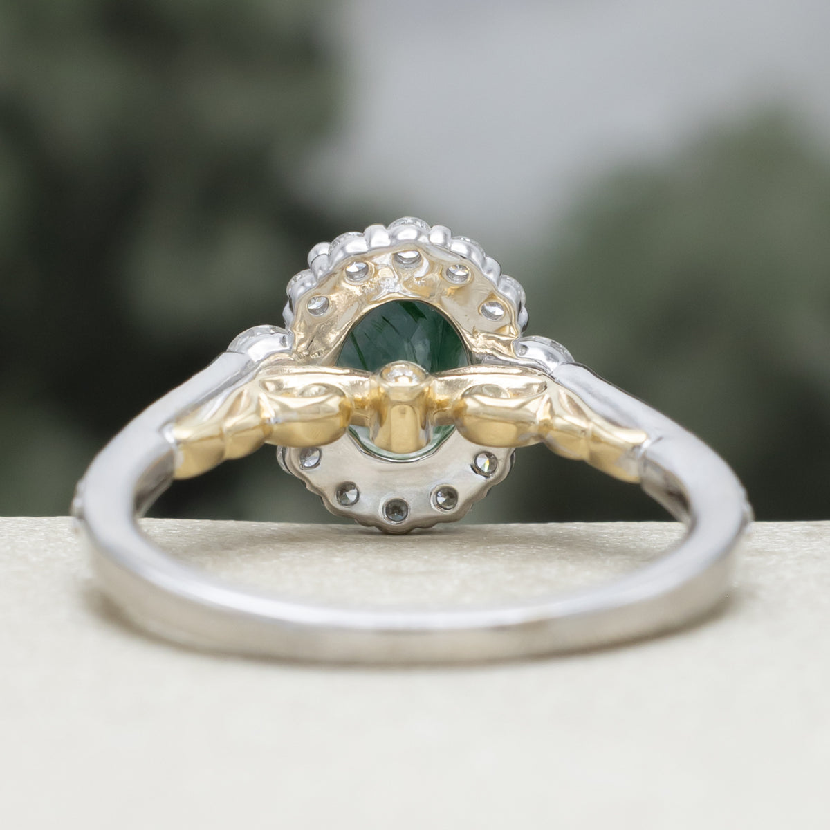 "Ophelia" - Oval Cut Moss Agate Engagement Ring With Diamond Halo & Accents-Staghead Designs