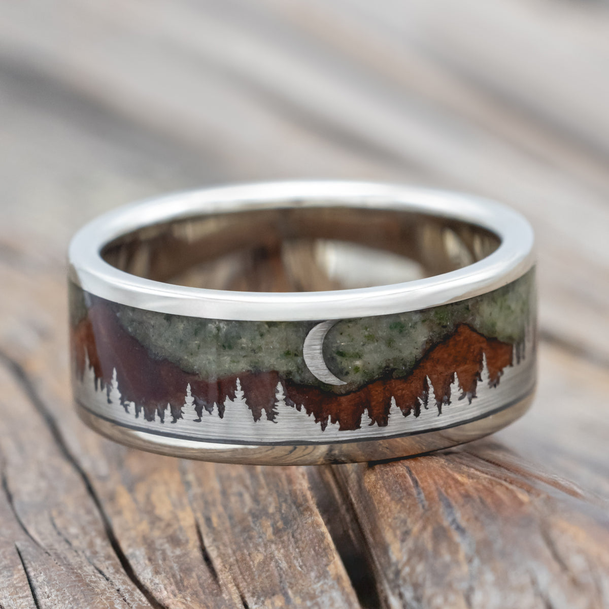 "Orion" - Moss Agate & Redwood Mountain Range Wedding Band With 14K Gold Tree & Crescent Moon Accents