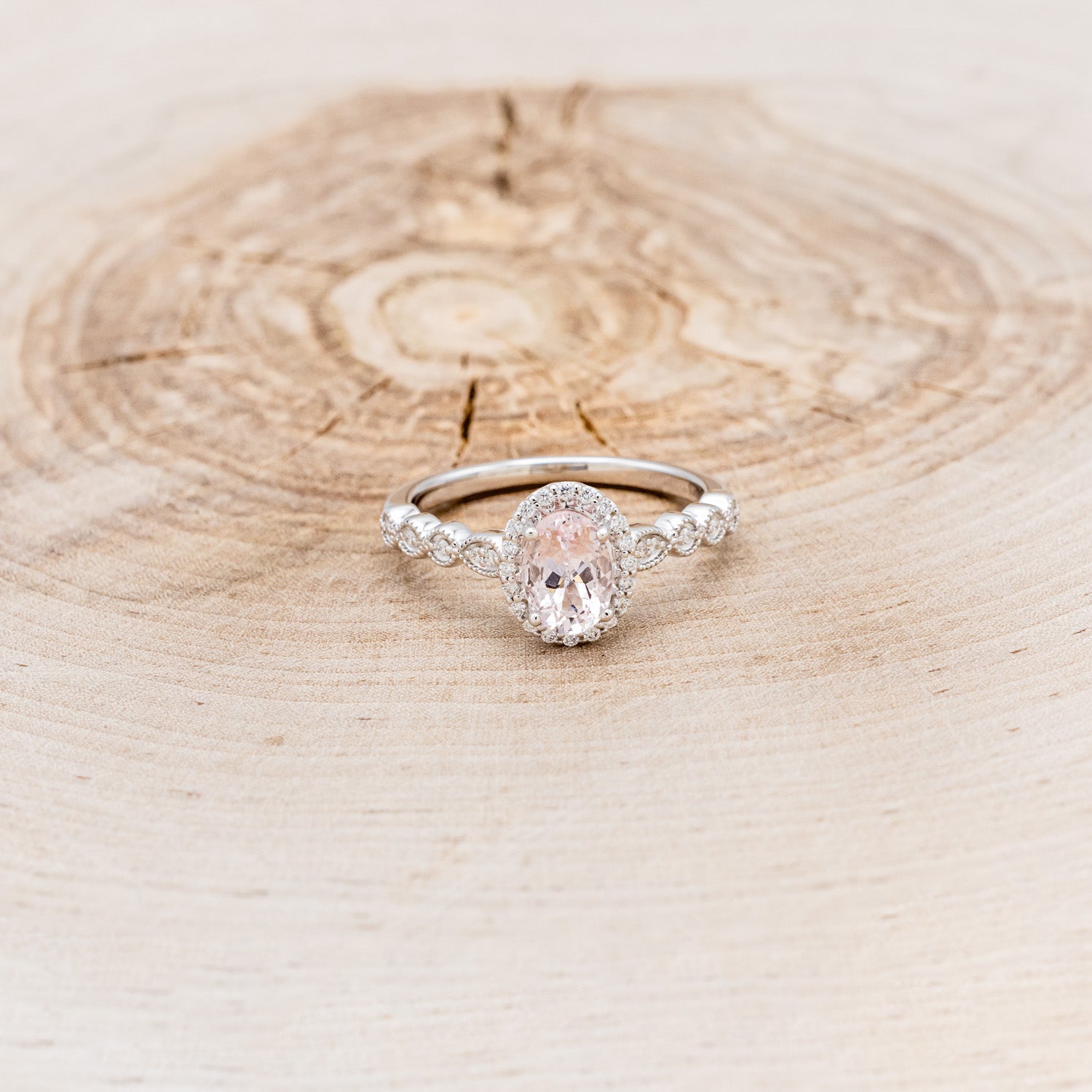 OVAL MORGANITE ENGAGEMENT RING WITH SCALLOP BAND & DIAMOND ACCENTS-16