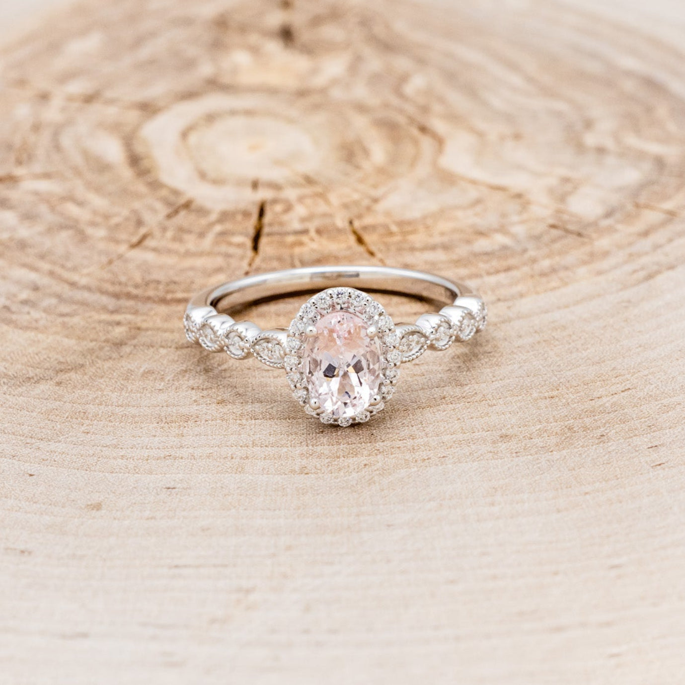 OVAL MORGANITE ENGAGEMENT RING WITH SCALLOP BAND & DIAMOND ACCENTS-16