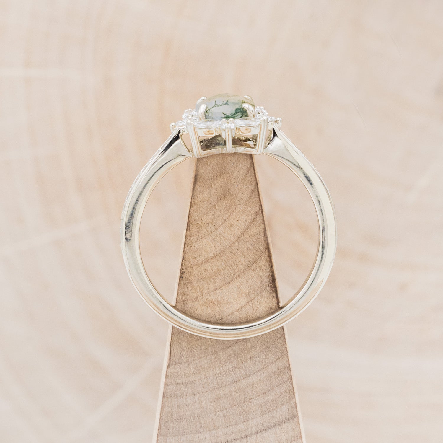 "ALICE" - OVAL MOSS AGATE ENGAGEMENT RING WITH DIAMOND HALO & ACCENTS-6