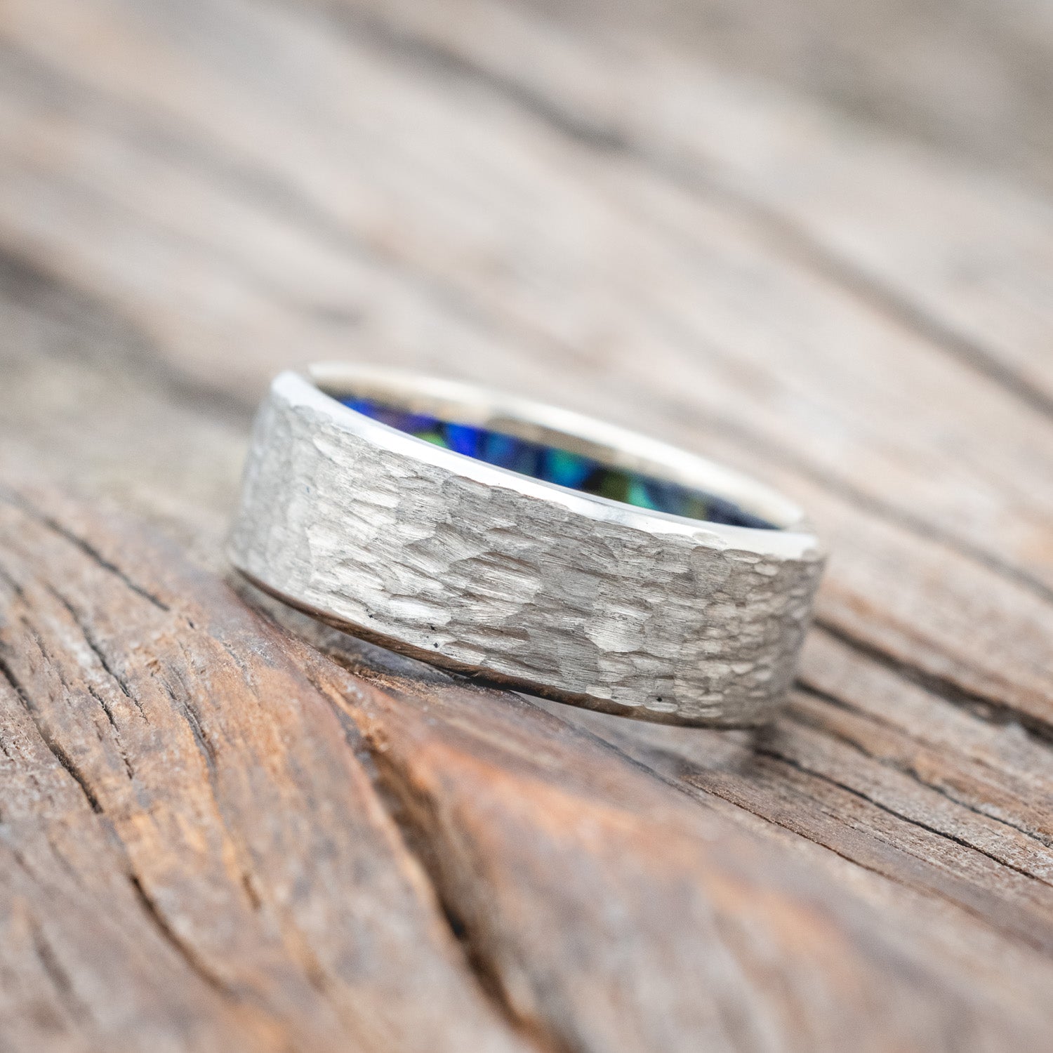 PAUA SHELL & MOTHER OF PEARL LINED WEDDING RING FEATURING A HAMMERED FINISH-Staghead Designs