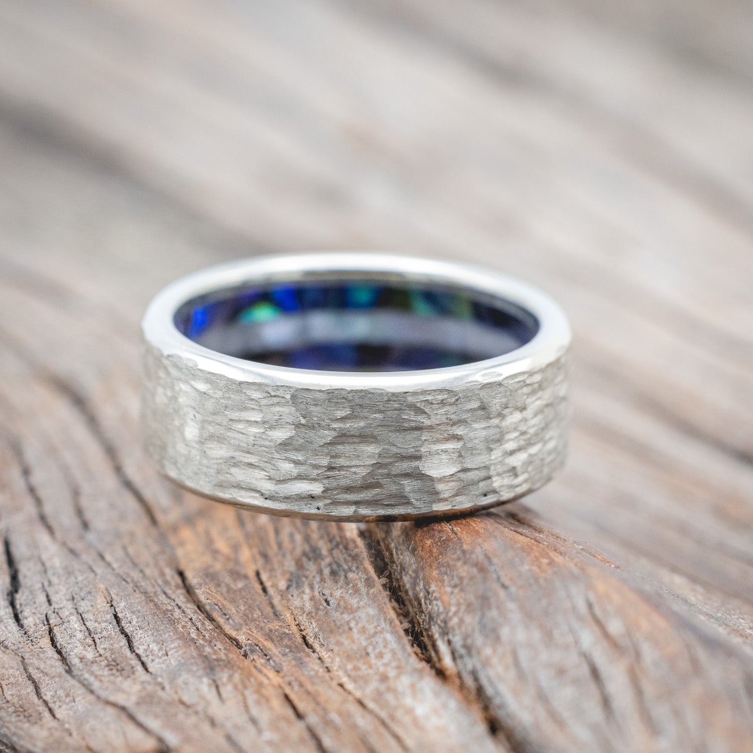PAUA SHELL & MOTHER OF PEARL LINED WEDDING RING FEATURING A HAMMERED FINISH-Staghead Designs