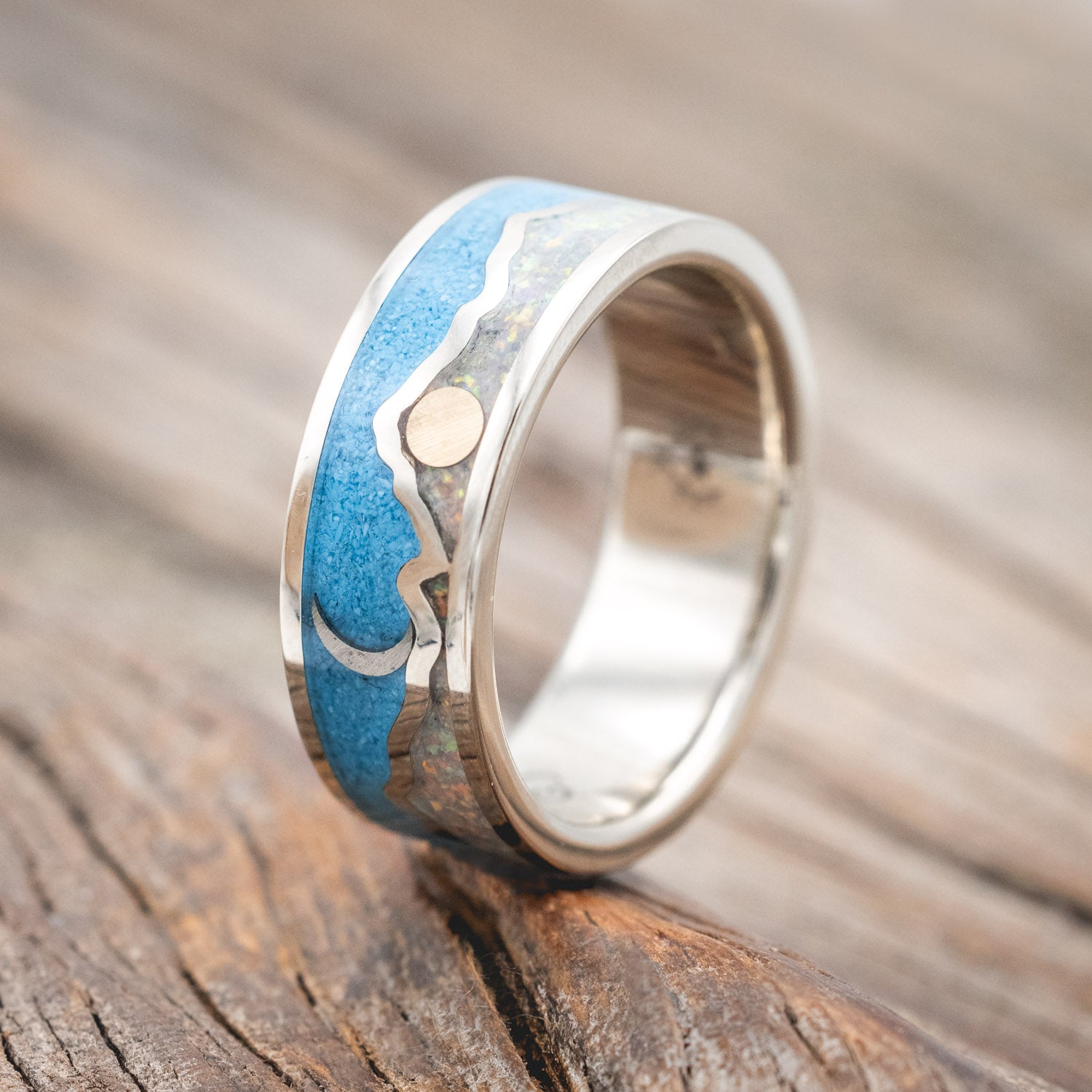 "PEAK" - WHITE OPAL & TURQUOISE INLAY MOUNTAIN RANGE WEDDING BAND WITH SUN & CRESCENT MOON ACCENTS-Staghead Designs