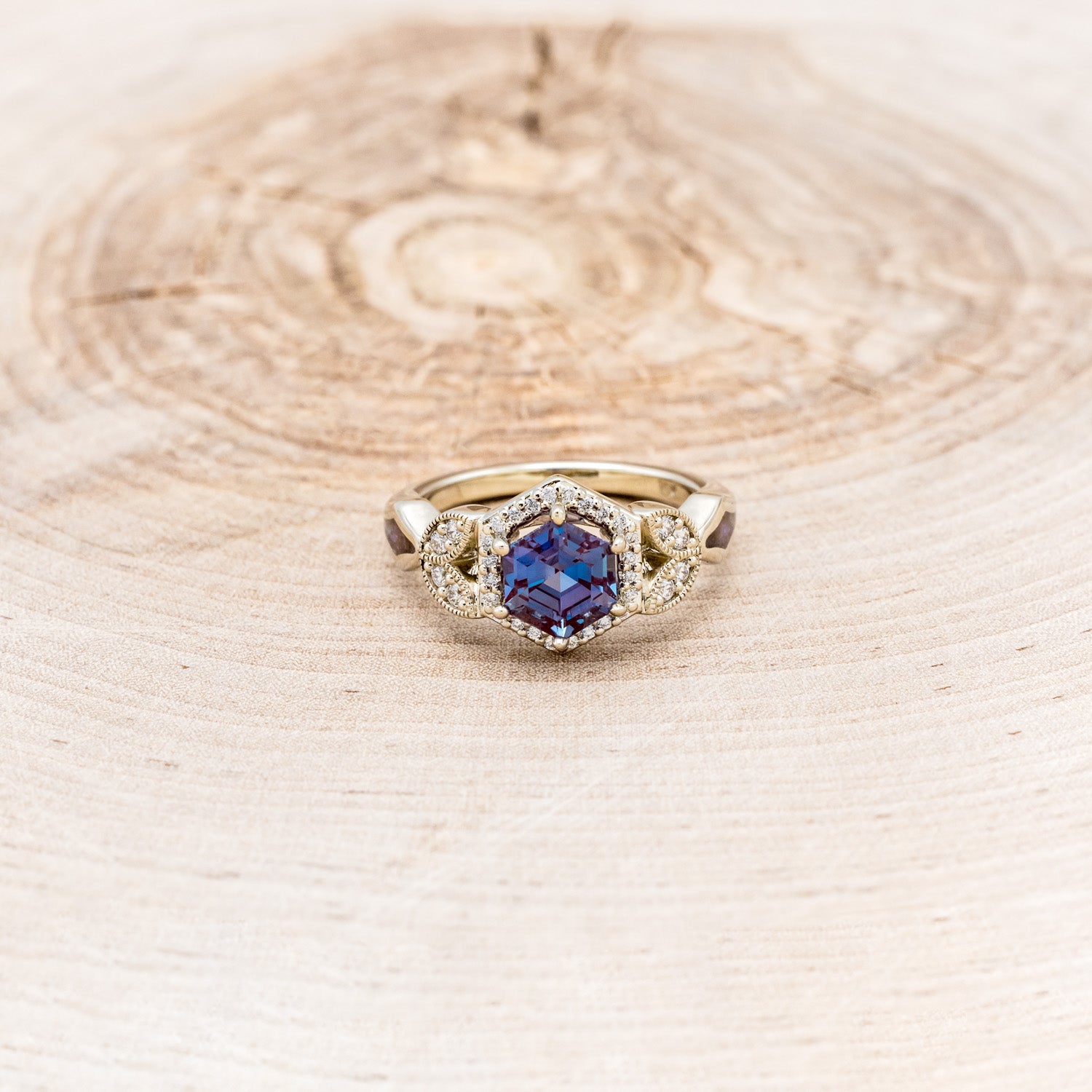 "LUCY IN THE SKY" PETITE - HEXAGON CUT LAB-GROWN ALEXANDRITE ENGAGEMENT RING WITH DIAMOND ACCENTS & COSMIC ACRYLIC INLAYS-10