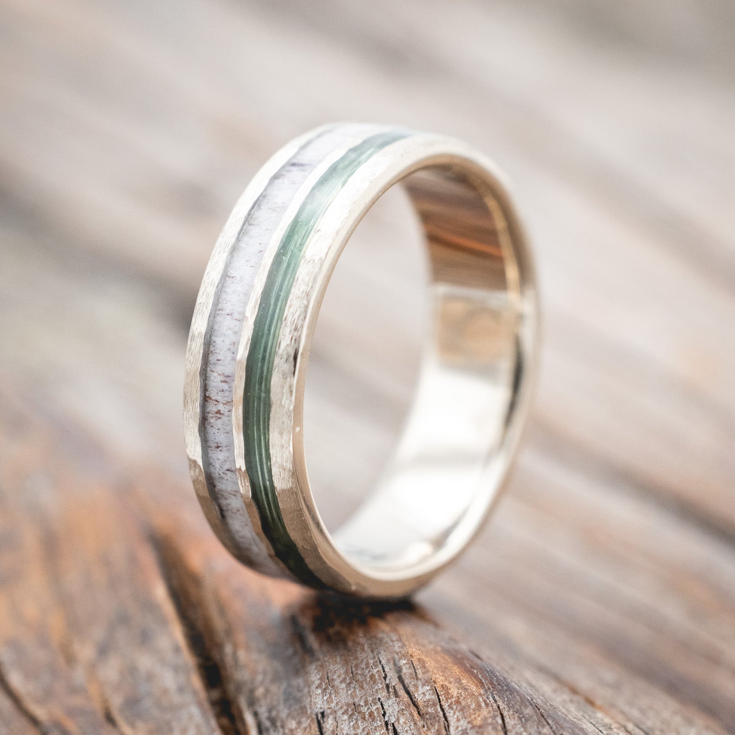 "RAPTOR" - ANTLER & FISHING LINE WEDDING RING FEATURING A HAMMERED BAND-Staghead Designs