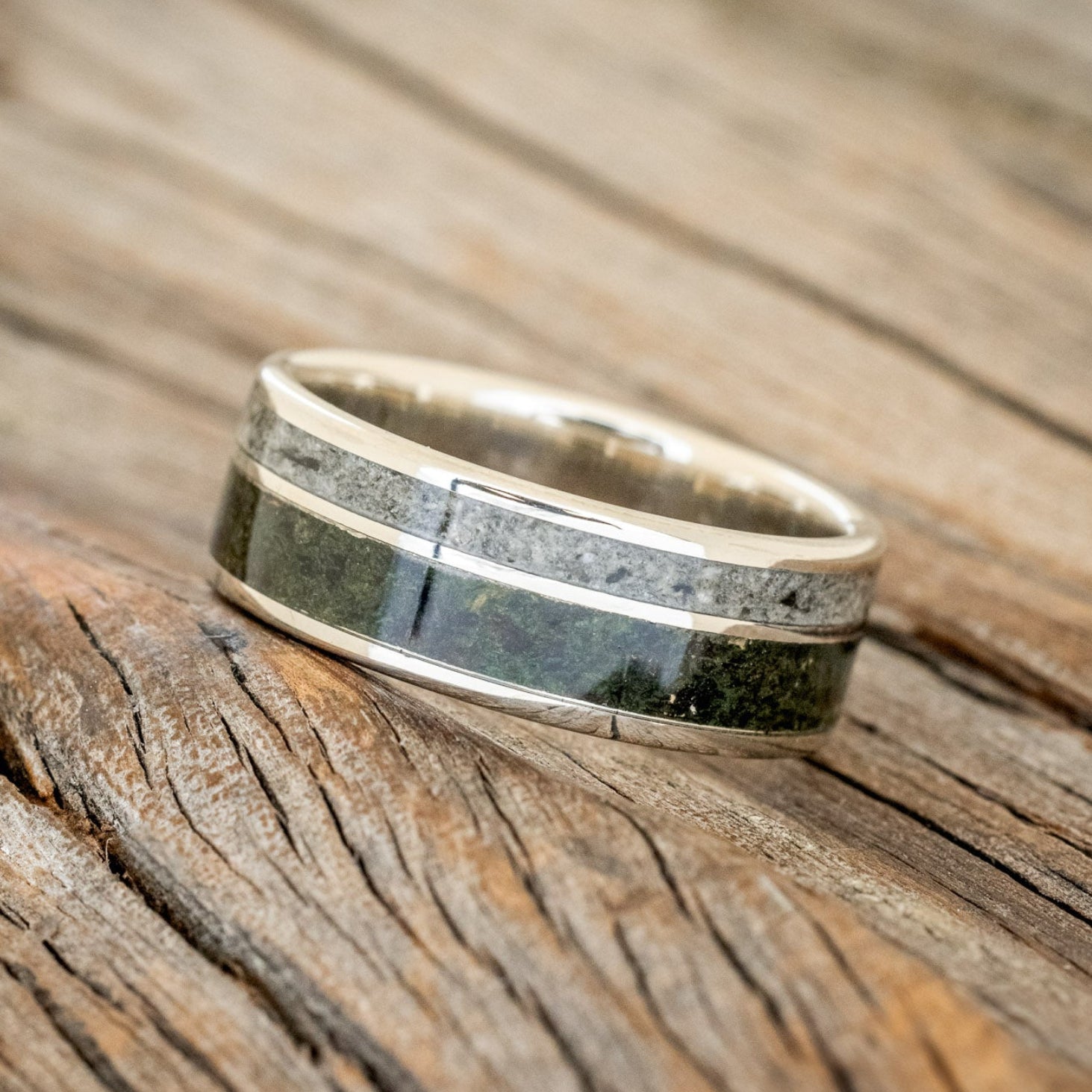 "RAPTOR" - MOSS WITH MOLDAVITE & MOONSTONE MIX WEDDING BAND-8