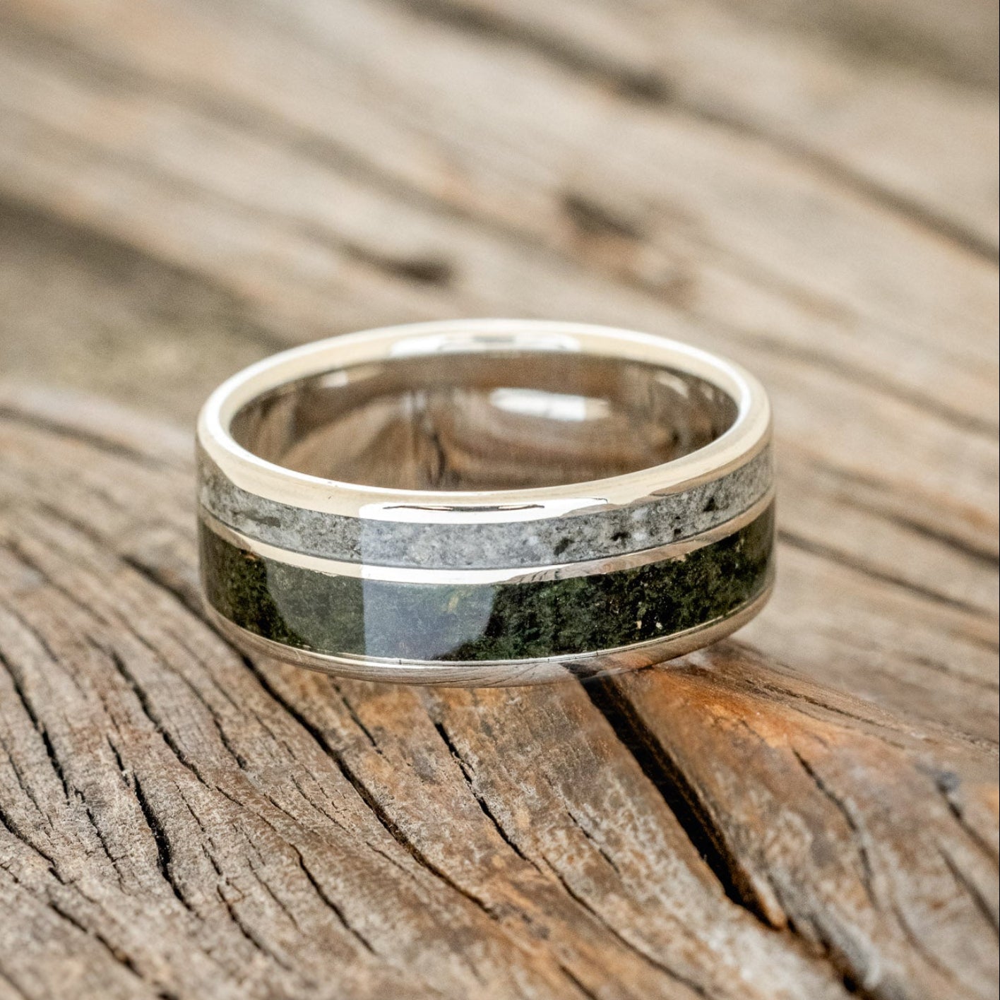 "RAPTOR" - MOSS WITH MOLDAVITE & MOONSTONE MIX WEDDING BAND-9