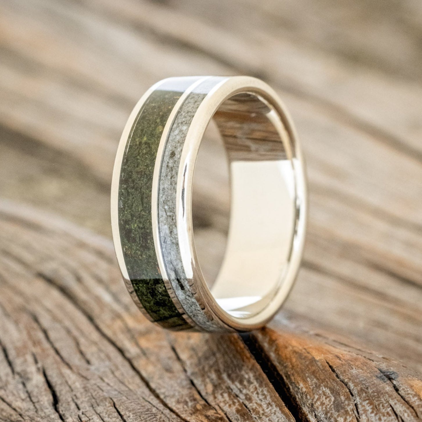 "RAPTOR" - MOSS WITH MOLDAVITE & MOONSTONE MIX WEDDING BAND-7