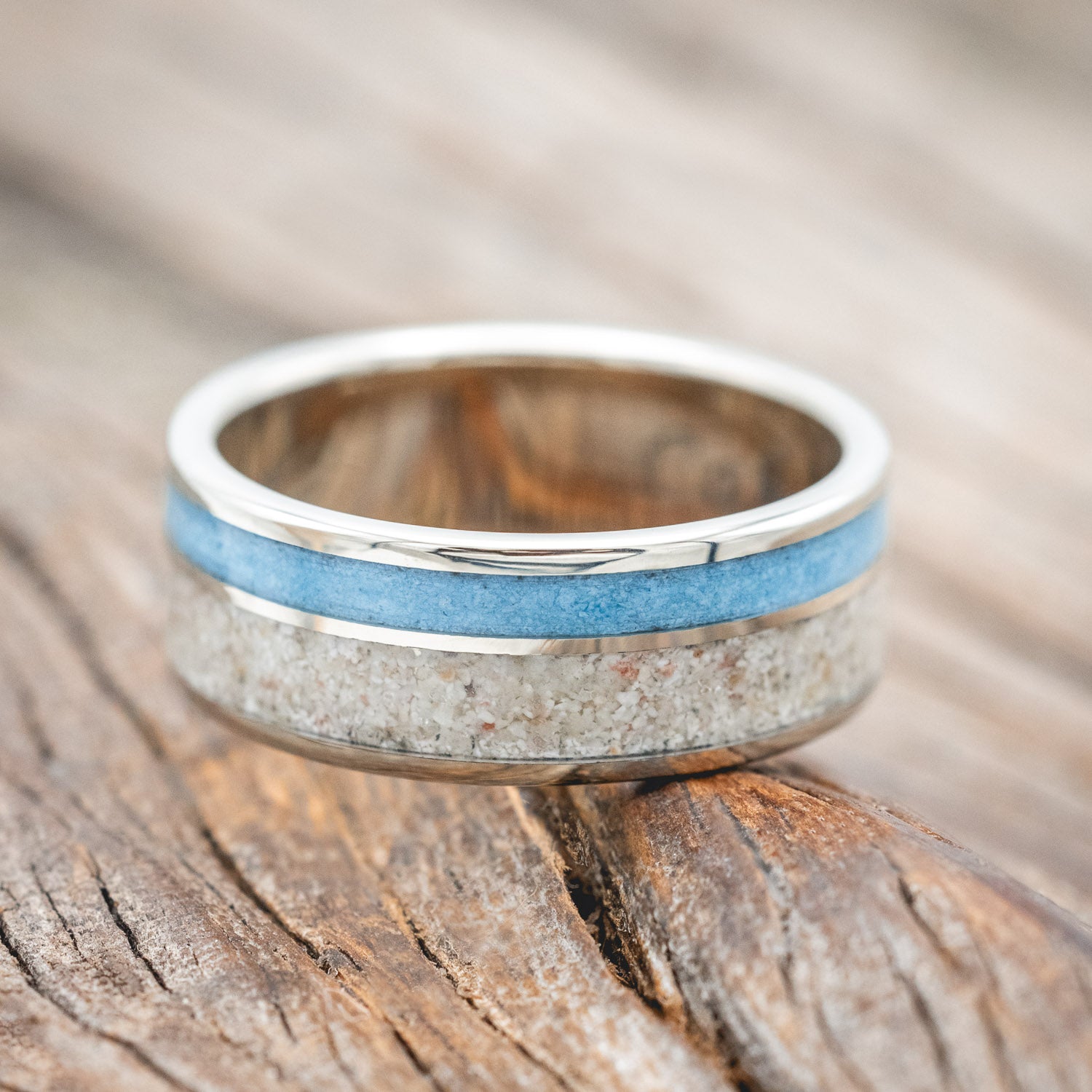 "RAPTOR" - TURQUOISE & SAND INLAY WEDDING BAND-Staghead Designs
