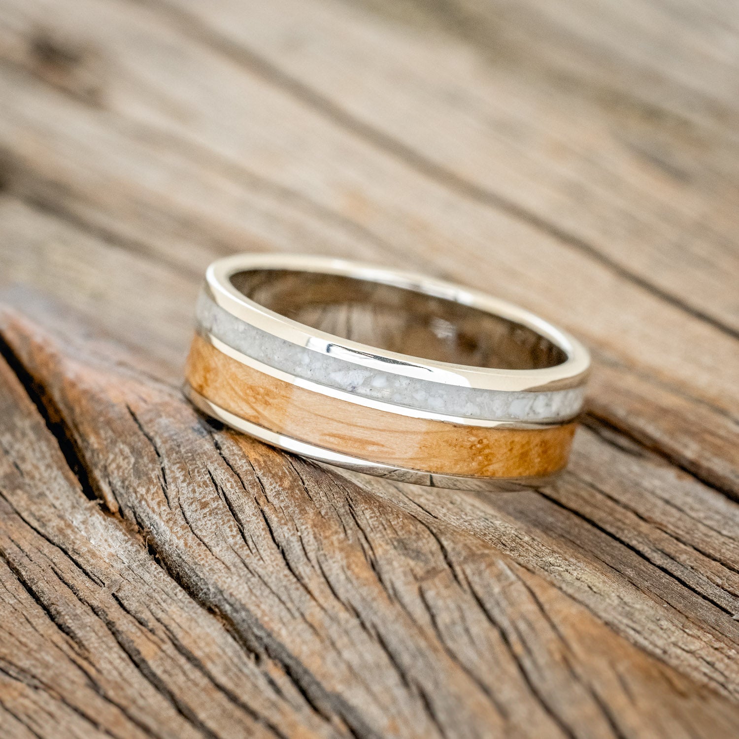 "RAPTOR" - WHISKEY BARREL OAK & ELK TOOTH IVORY WEDDING BAND-8