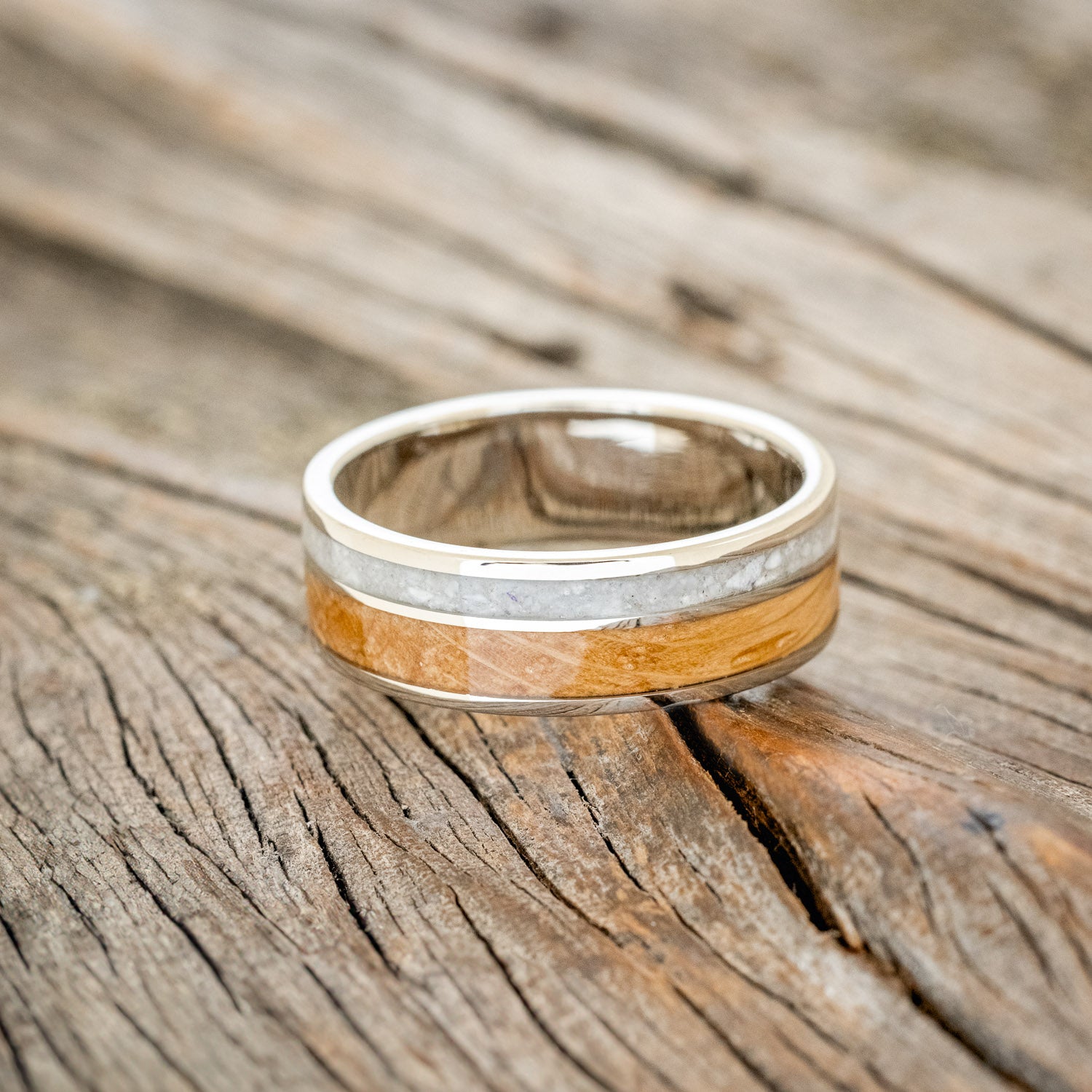 "RAPTOR" - WHISKEY BARREL OAK & ELK TOOTH IVORY WEDDING BAND-9