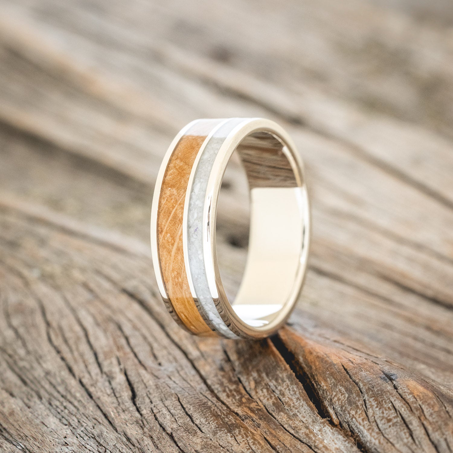 "RAPTOR" - WHISKEY BARREL OAK & ELK TOOTH IVORY WEDDING BAND-7
