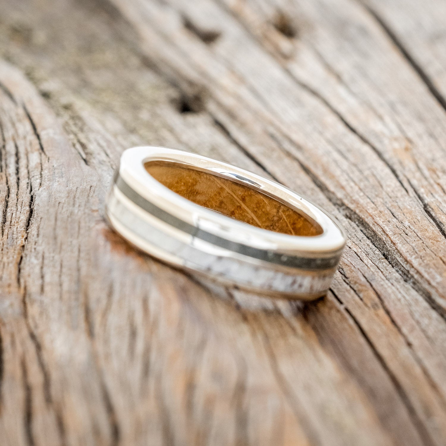 "RAPTOR" - ELK ANTLER & PYRITE WEDDING BAND WITH A WHISKEY BARREL OAK LINING-5