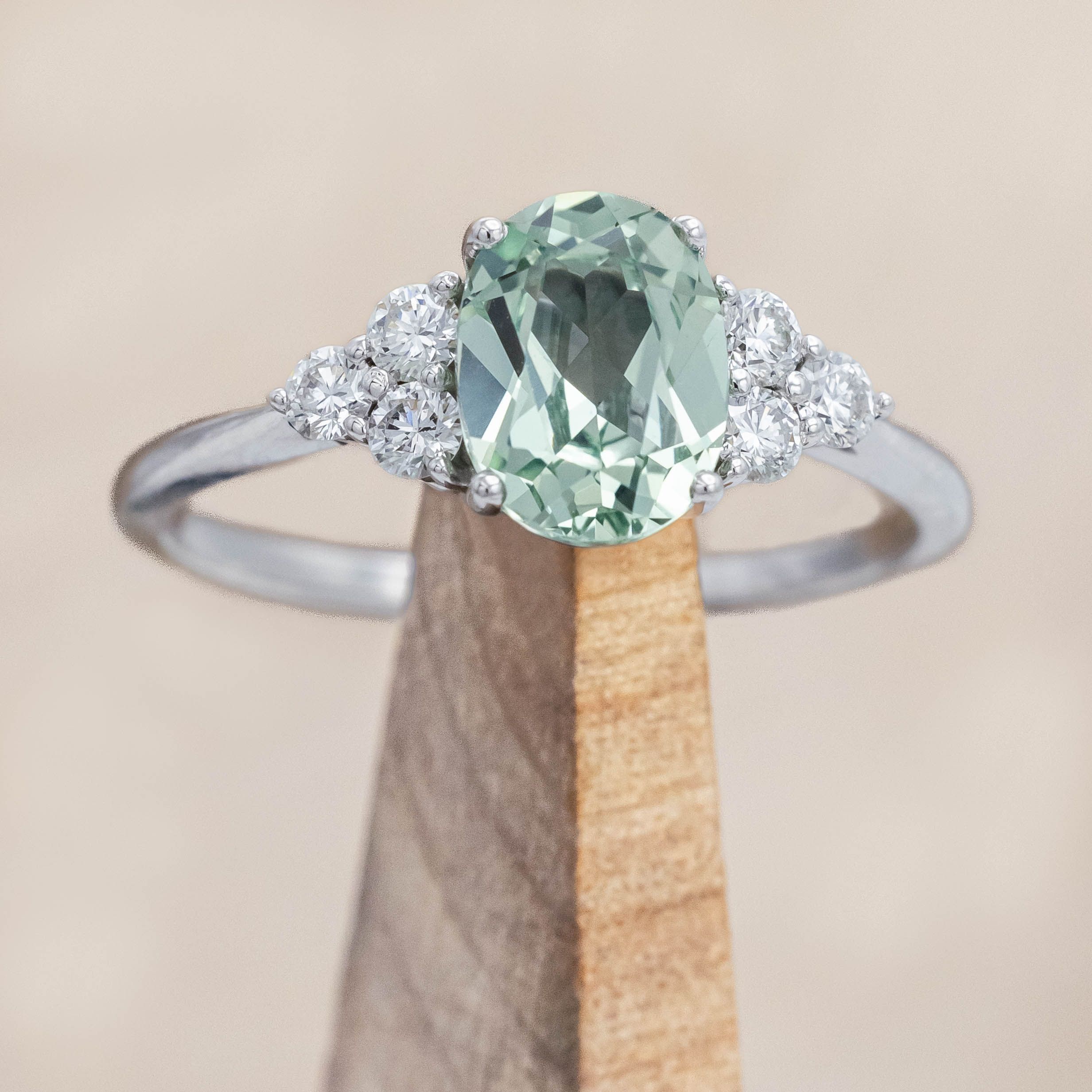 "RHEA" - OVAL CUT LAB-GROWN GREEN SAPPHIRE ENGAGEMENT RING WITH DIAMOND ACCENTS-Staghead Designs