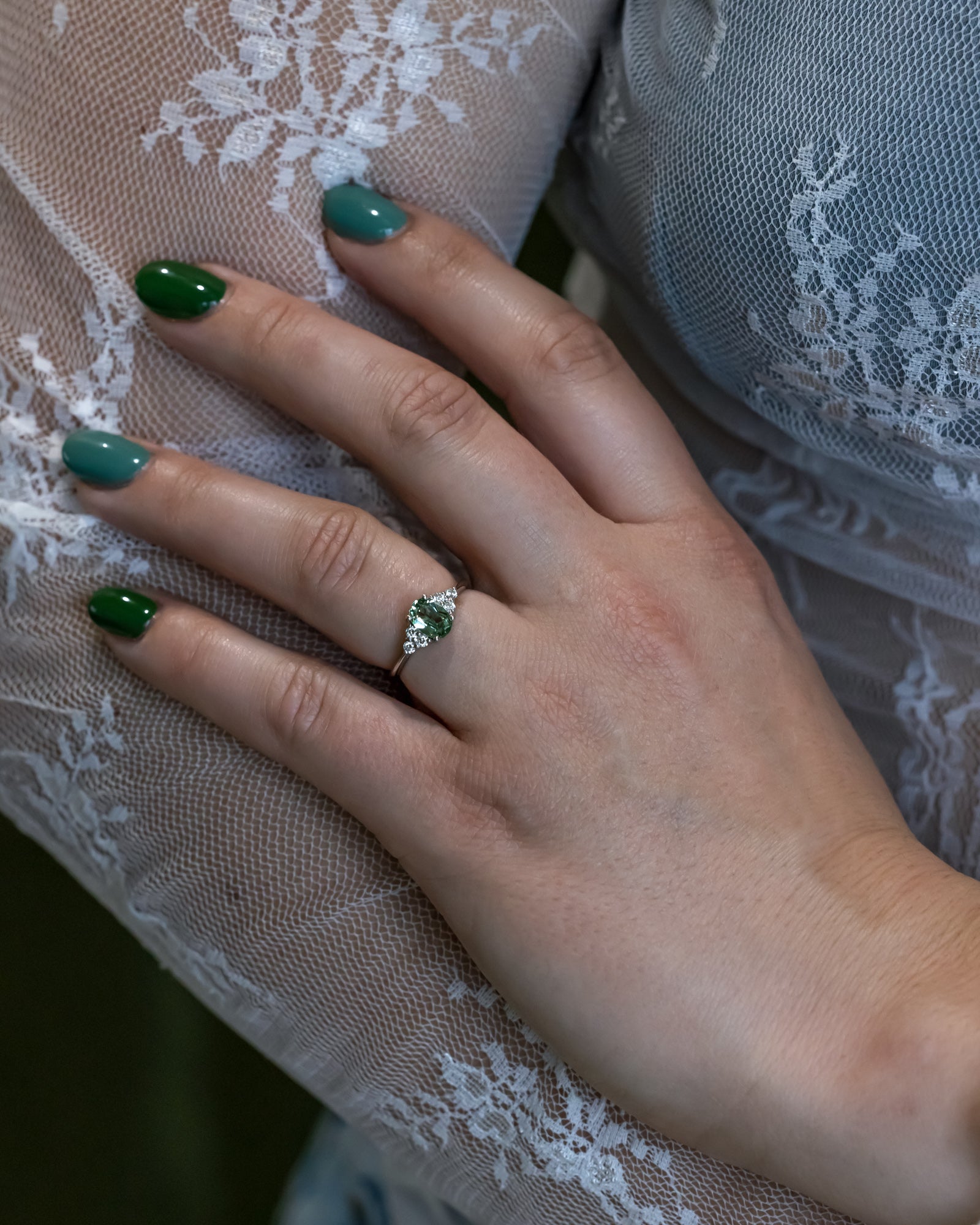 "RHEA" - OVAL CUT LAB-GROWN GREEN SAPPHIRE ENGAGEMENT RING WITH DIAMOND ACCENTS-Staghead Designs