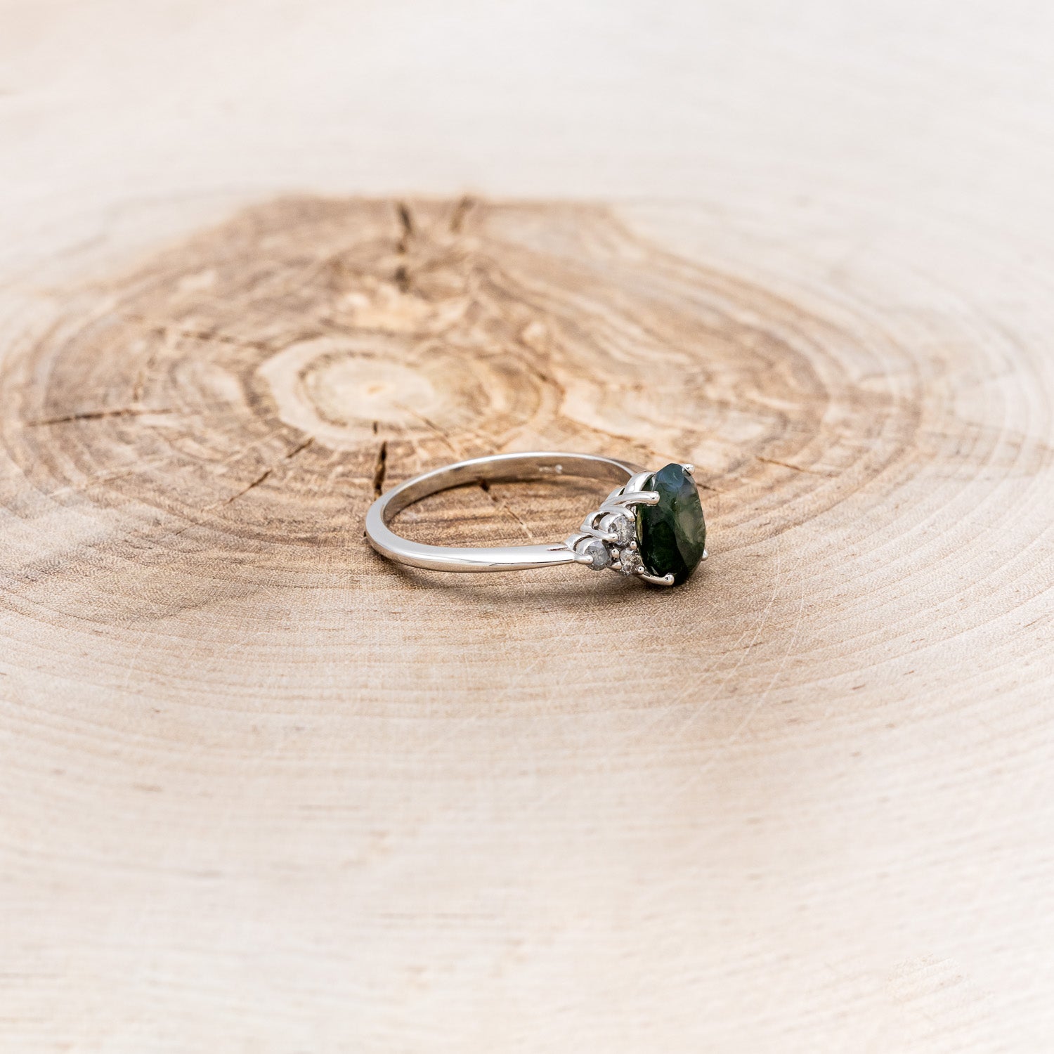 "RHEA" - OVAL MOSS AGATE ENGAGEMENT RING WITH SALT & PEPPER DIAMOND ACCENTS-2