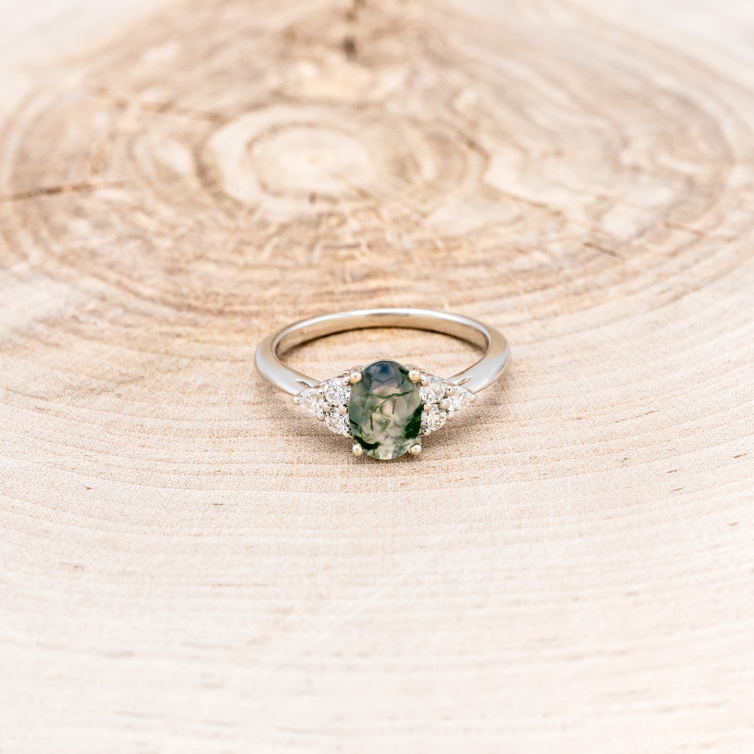"RHEA" - OVAL MOSS AGATE ENGAGEMENT RING WITH DIAMOND ACCENTS - EXPEDITED-14