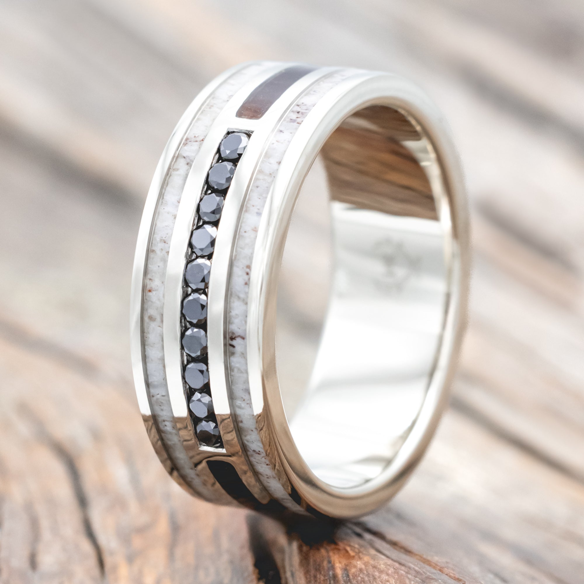 "RIO" - ANTLER & IRONWOOD WEDDING RING WITH BLACK DIAMOND ACCENTS-Staghead Designs