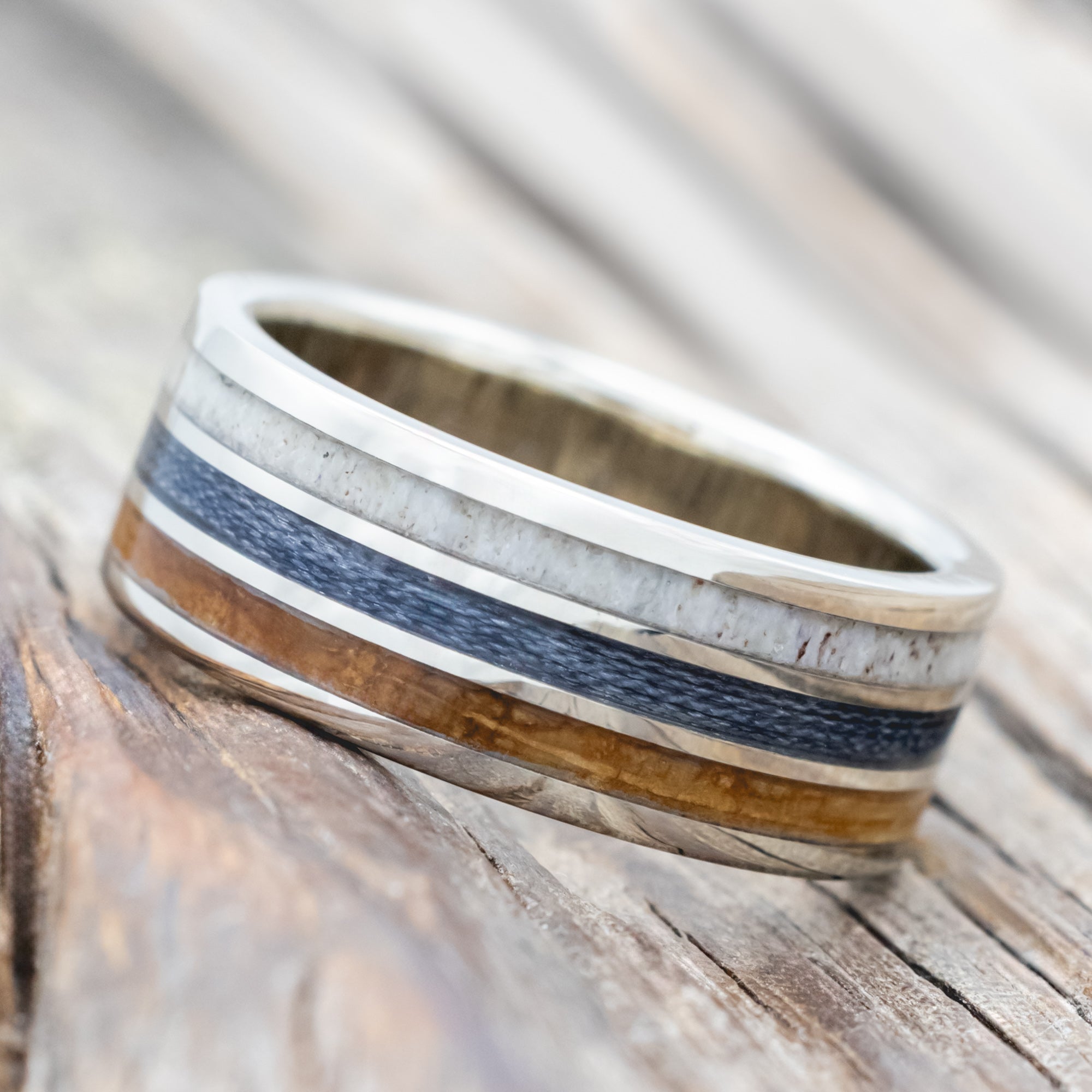 "RIO" - ANTLER, WHISKEY BARREL OAK & GREY BRAIDED FISHING LINE WEDDING BAND