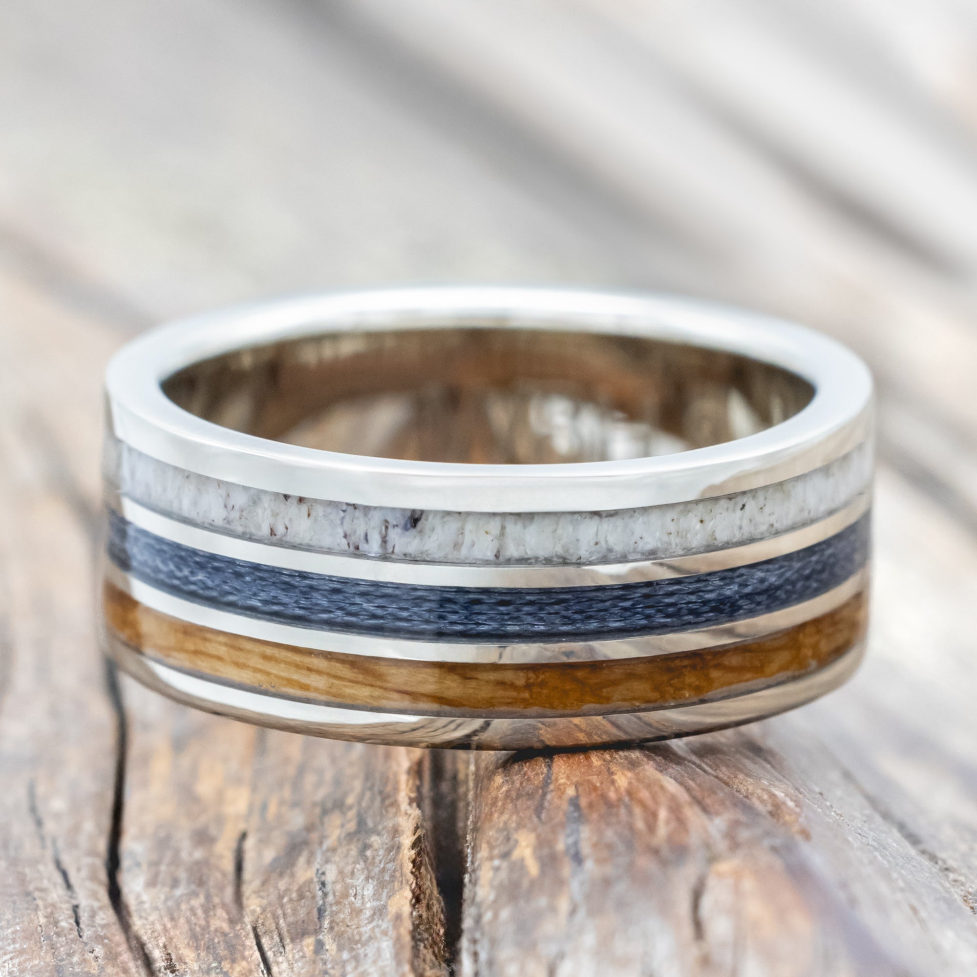 "RIO" - ANTLER, WHISKEY BARREL OAK & GREY BRAIDED FISHING LINE WEDDING BAND