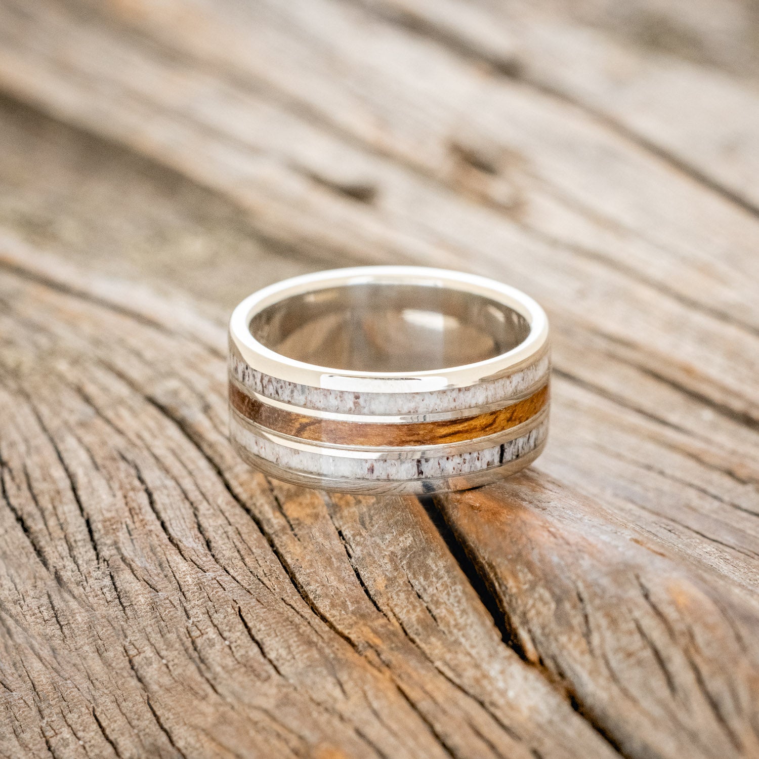 "RIO" - MATCHING SET IRONWOOD & ANTLER WEDDING RINGS FEATURING 14K GOLD BANDS-4
