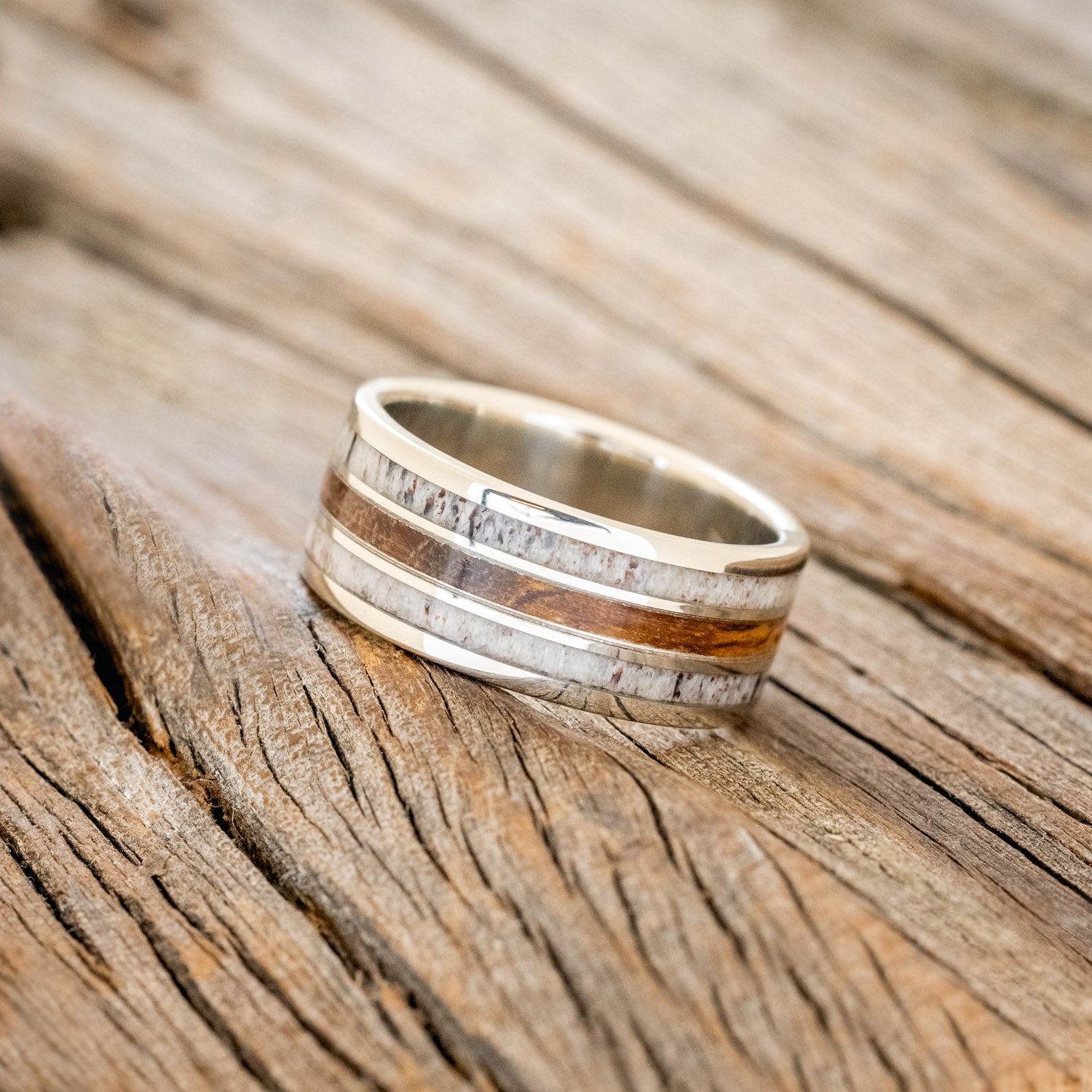 "RIO" - MATCHING SET IRONWOOD & ANTLER WEDDING RINGS FEATURING 14K GOLD BANDS-3