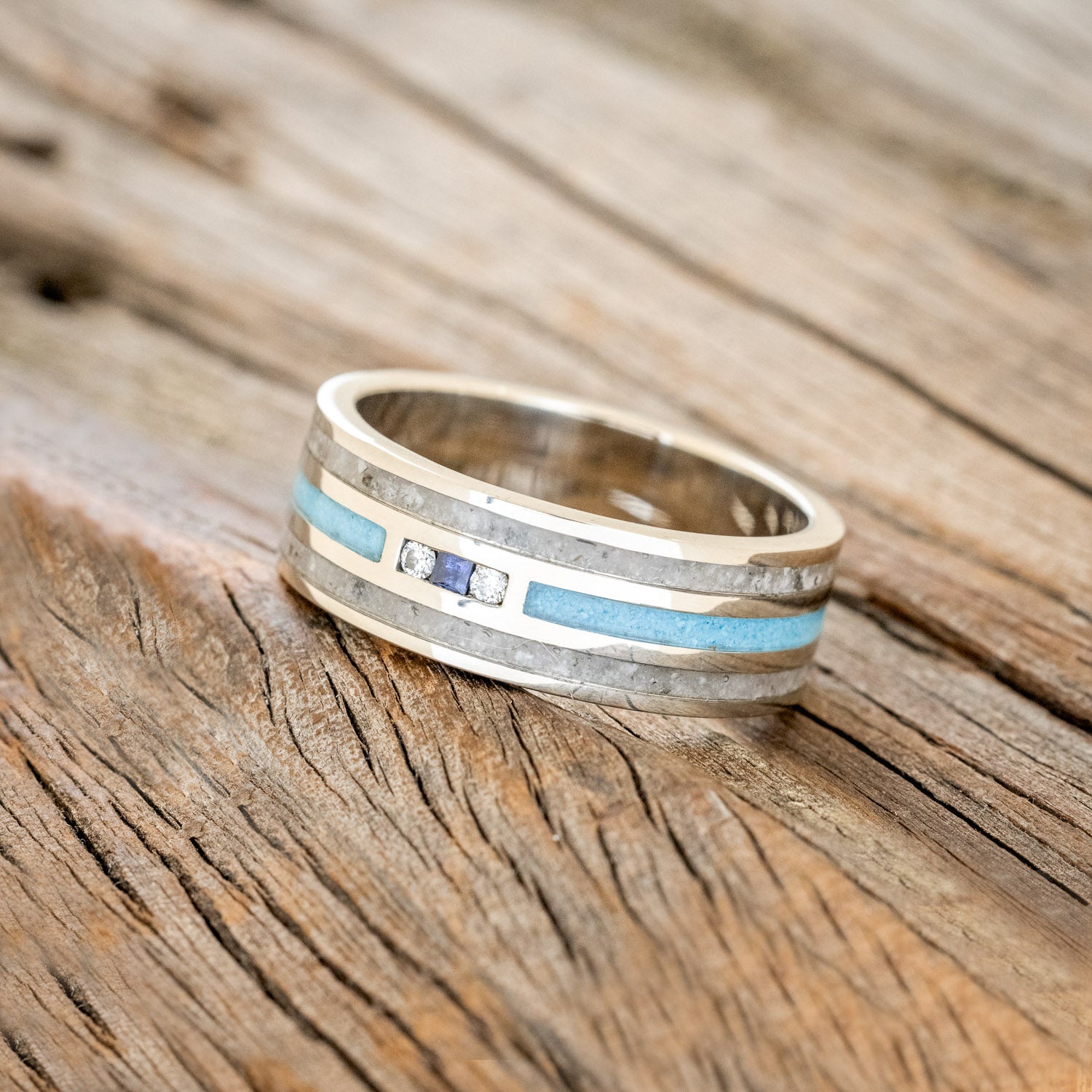 NEED PRICE "Rio" - Genuine Blue Sapphire, Diamonds, Turquoise & Moonstone Wedding Band - 14K White Gold (8mm) - Size 6 3/4-Staghead Designs