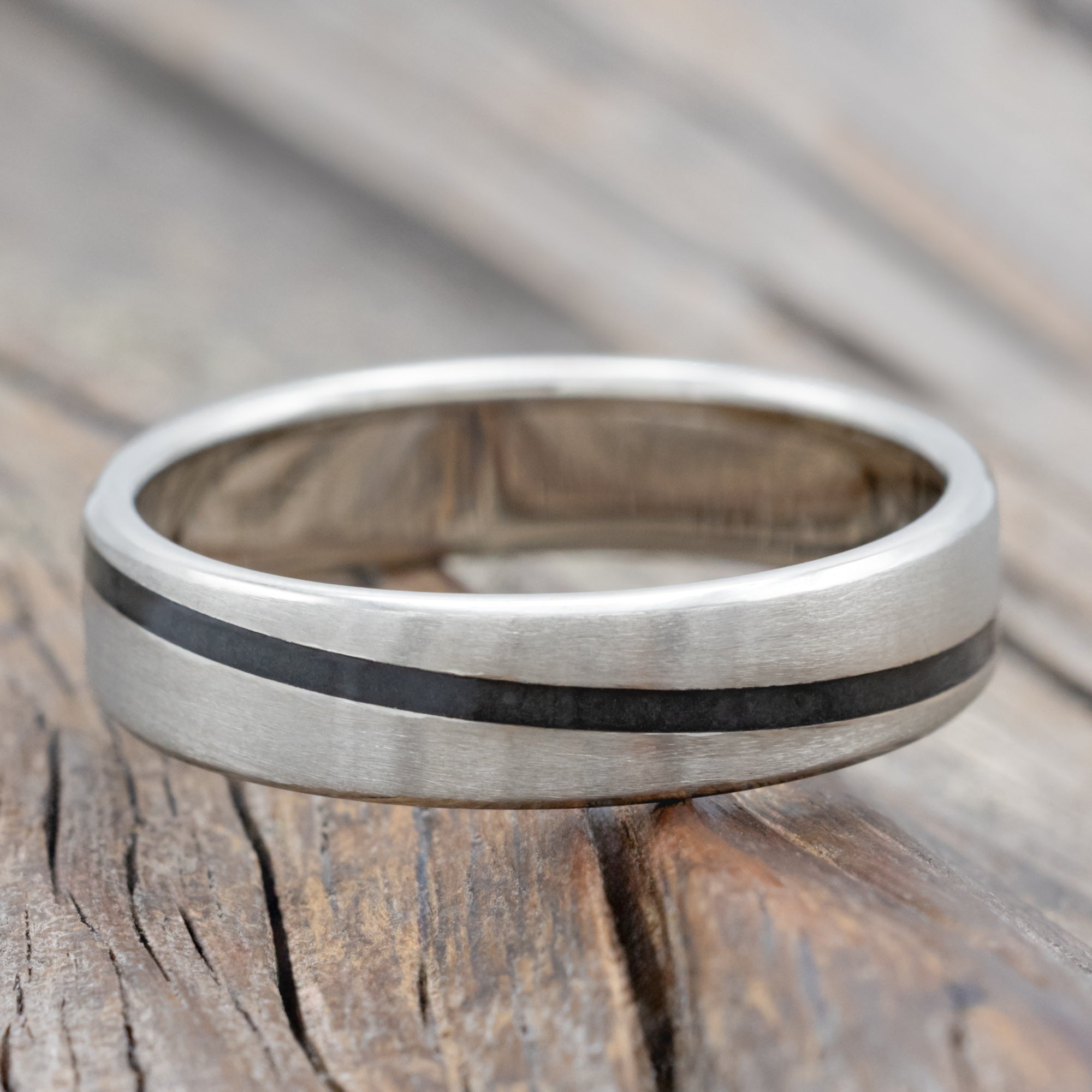 "Ronan" - Wedding Band With An Angled Moldavite & Moss Agate Inlay And A Brushed Finish-Staghead Designs