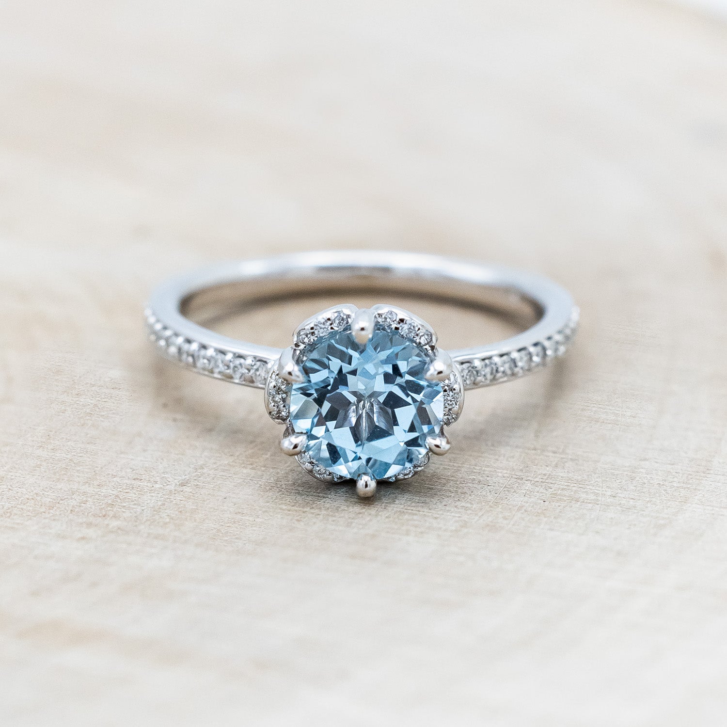 "ROSALIE" - ROUND CUT SKY BLUE TOPAZ ENGAGEMENT RING WITH DIAMOND HALO & ACCENTS-Staghead Designs